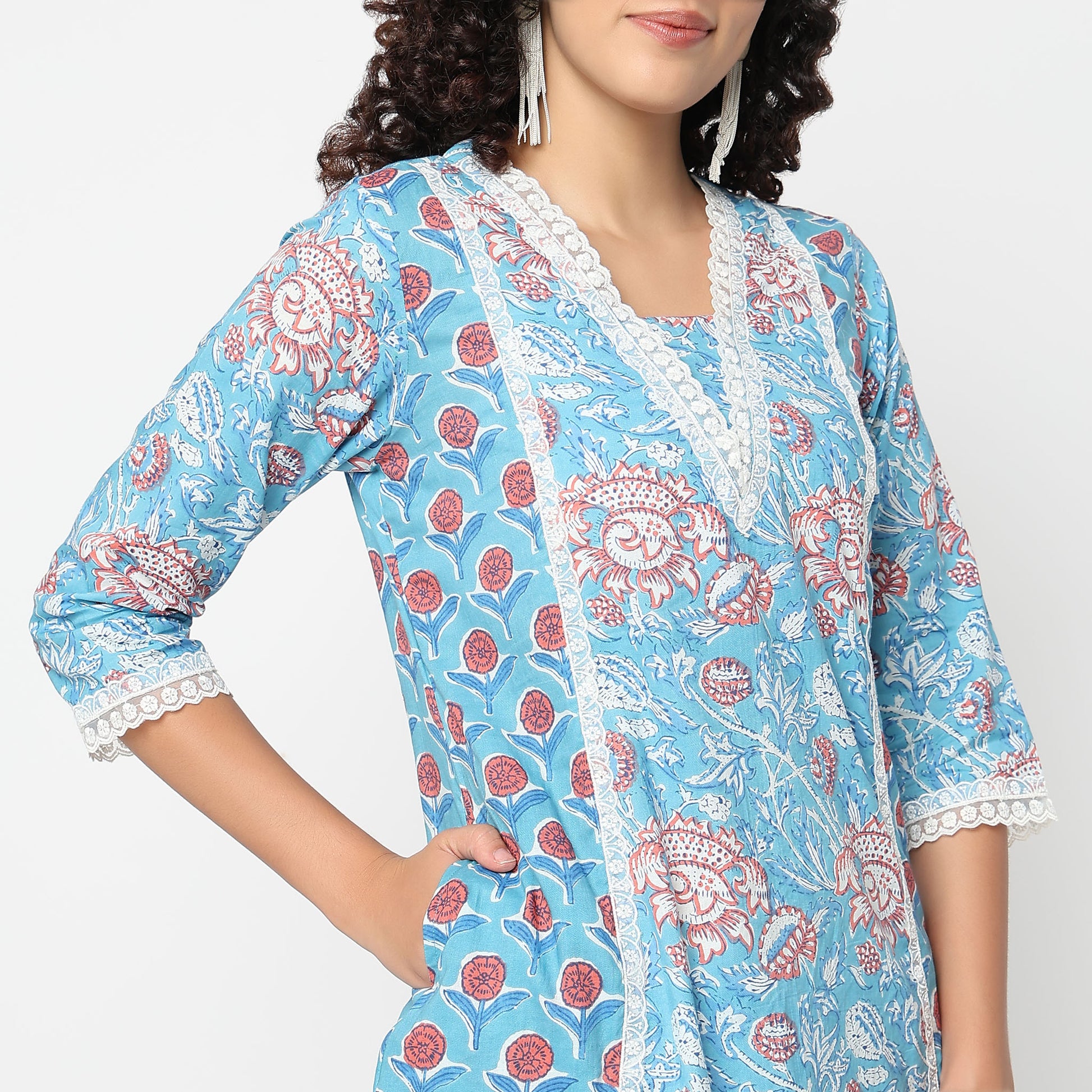 Flare Fit Printed V-Neck Kurta with Pant Set