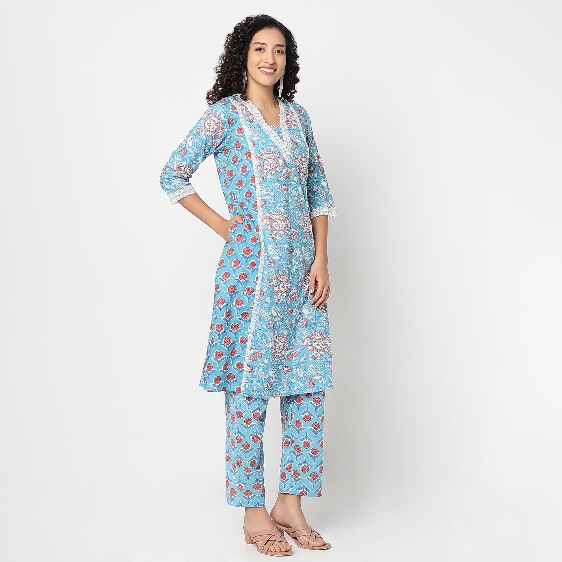Flare Fit Printed V-Neck Kurta with Pant Set