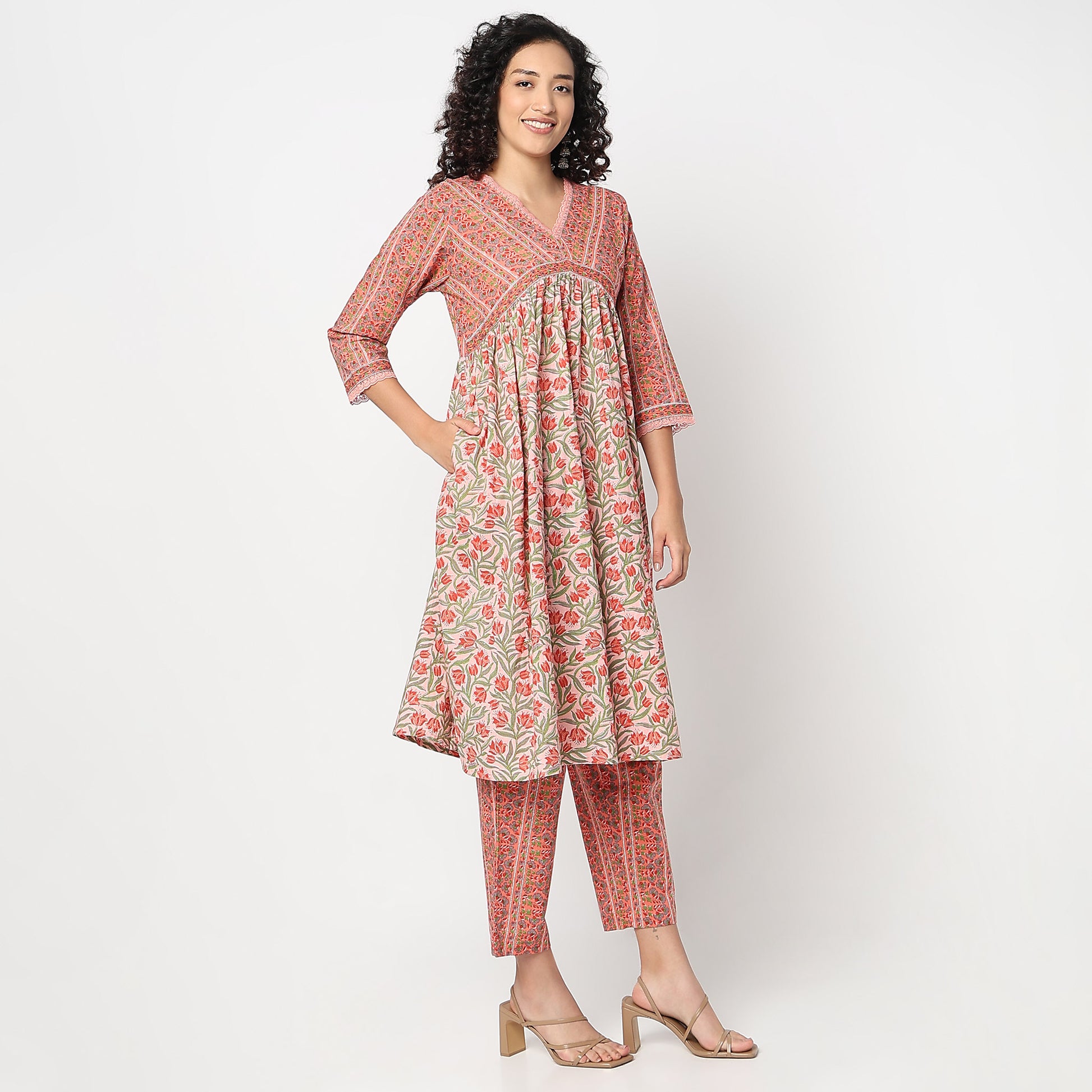Flare Fit Printed V-Neck Kurta with Pant Set