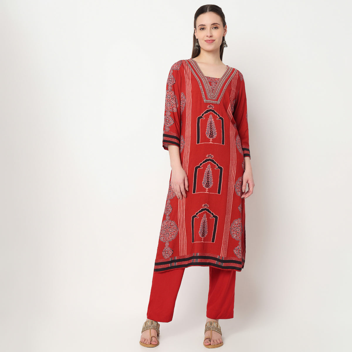 Printed V-Neck Straight Kurta with Pant Set