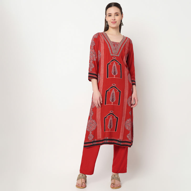Printed V-Neck Straight Kurta with Pant Set