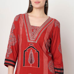 Printed V-Neck Straight Kurta with Pant Set