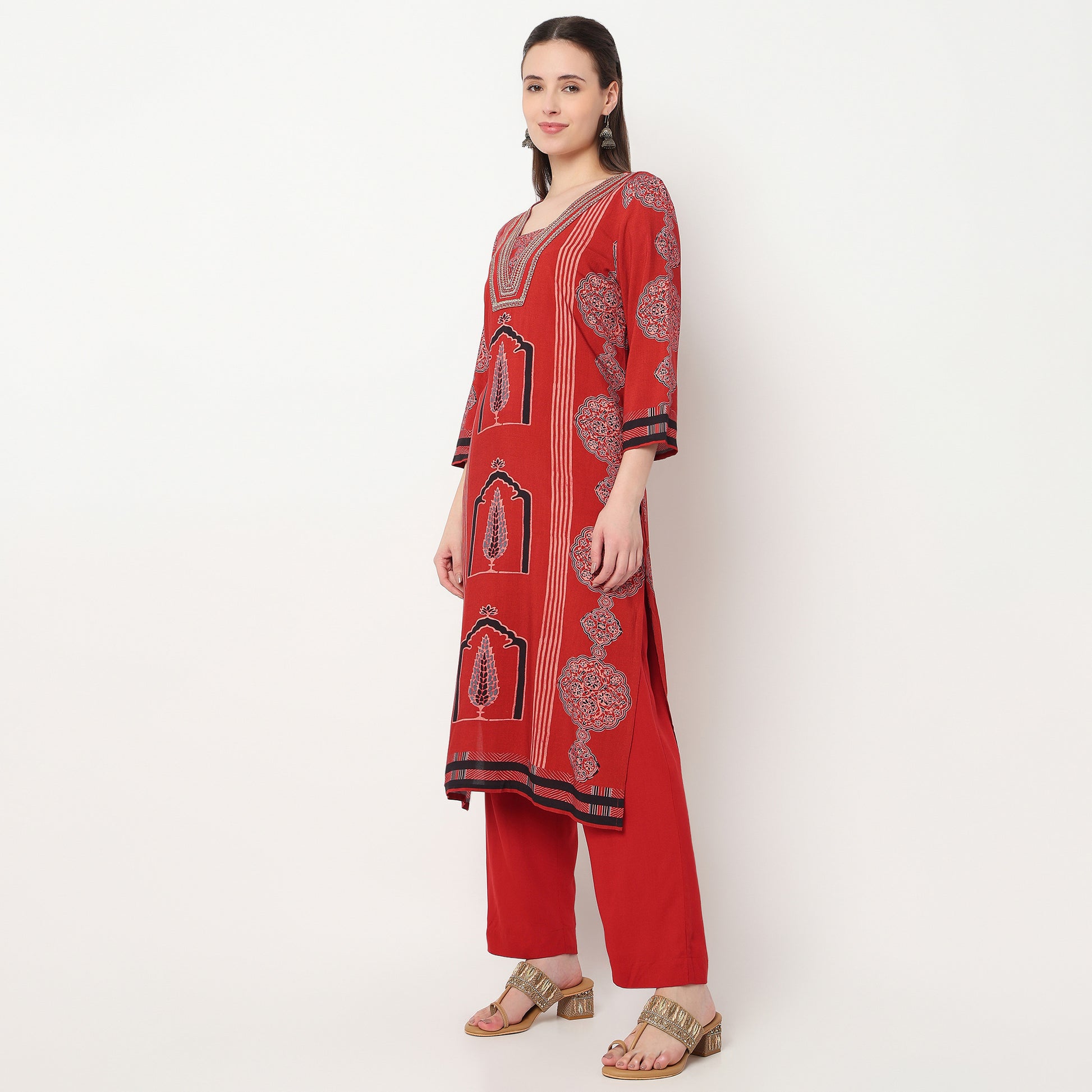 Printed V-Neck Straight Kurta with Pant Set