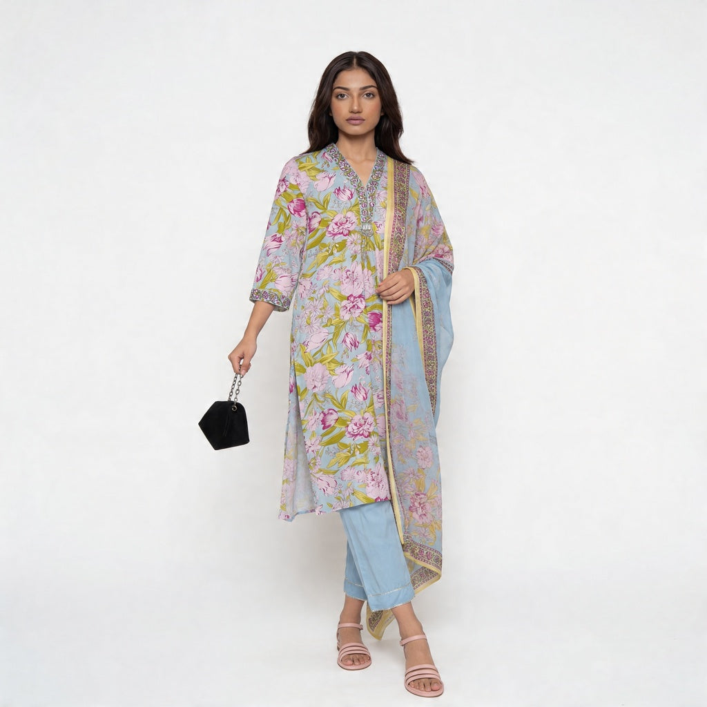 Printed V-Neck Kurta with Pant Set
