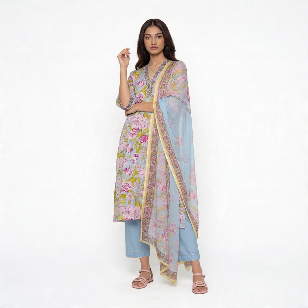 Printed V-Neck Kurta with Pant Set