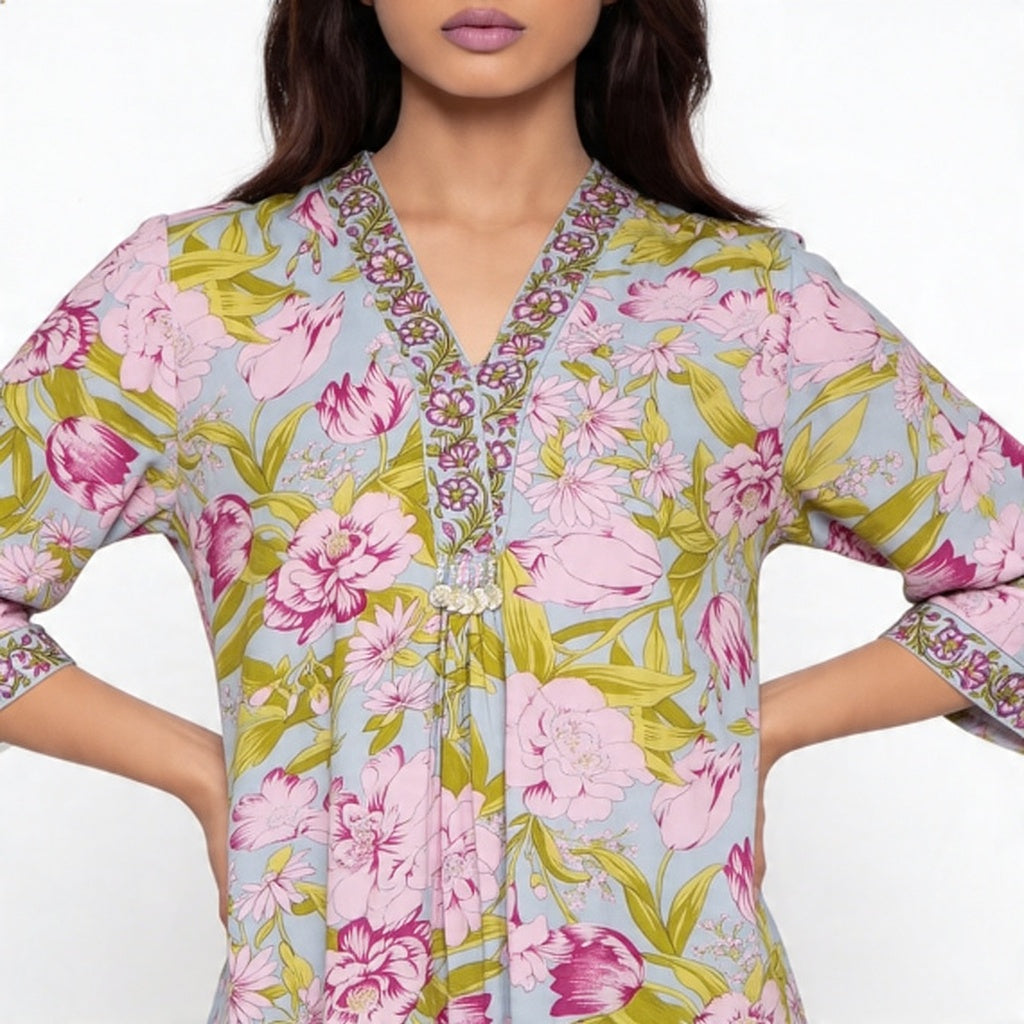 Printed V-Neck Kurta with Pant Set