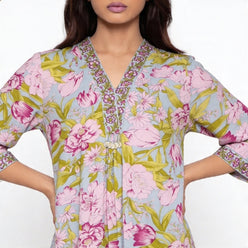 Printed V-Neck Kurta with Pant Set