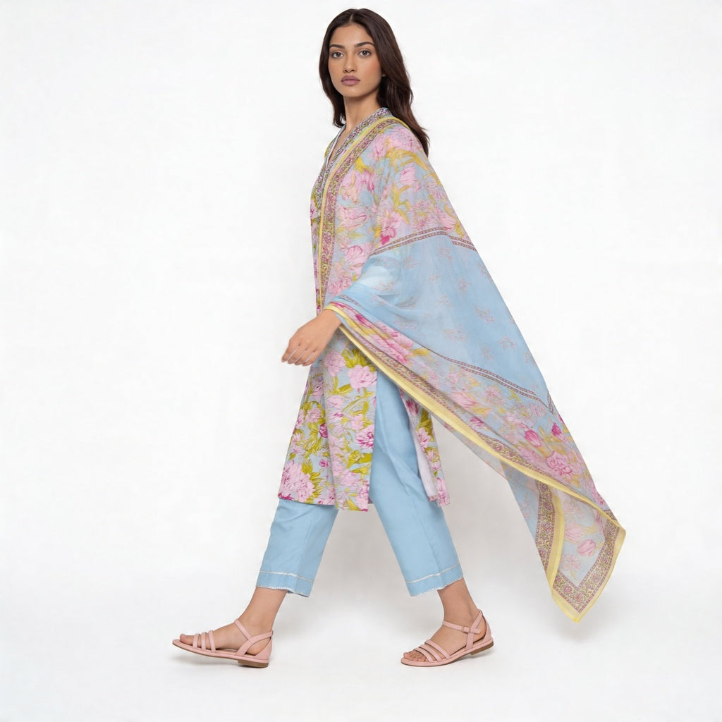 Printed V-Neck Kurta with Pant Set