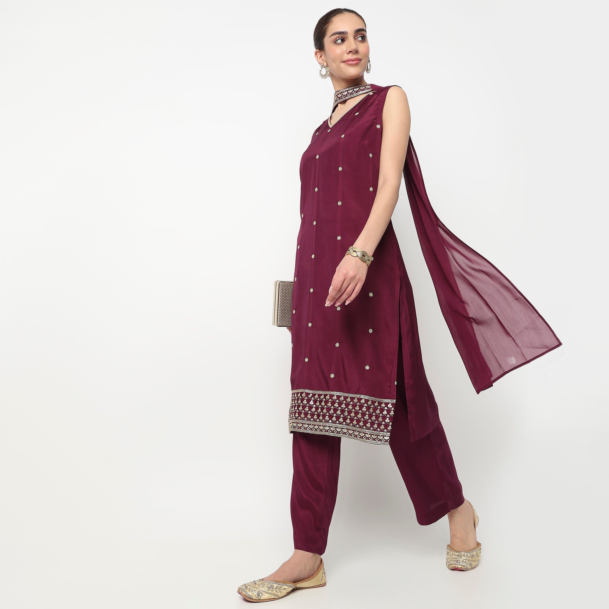 V-Neck Straight Kurta with Pant & with Dupatta Set