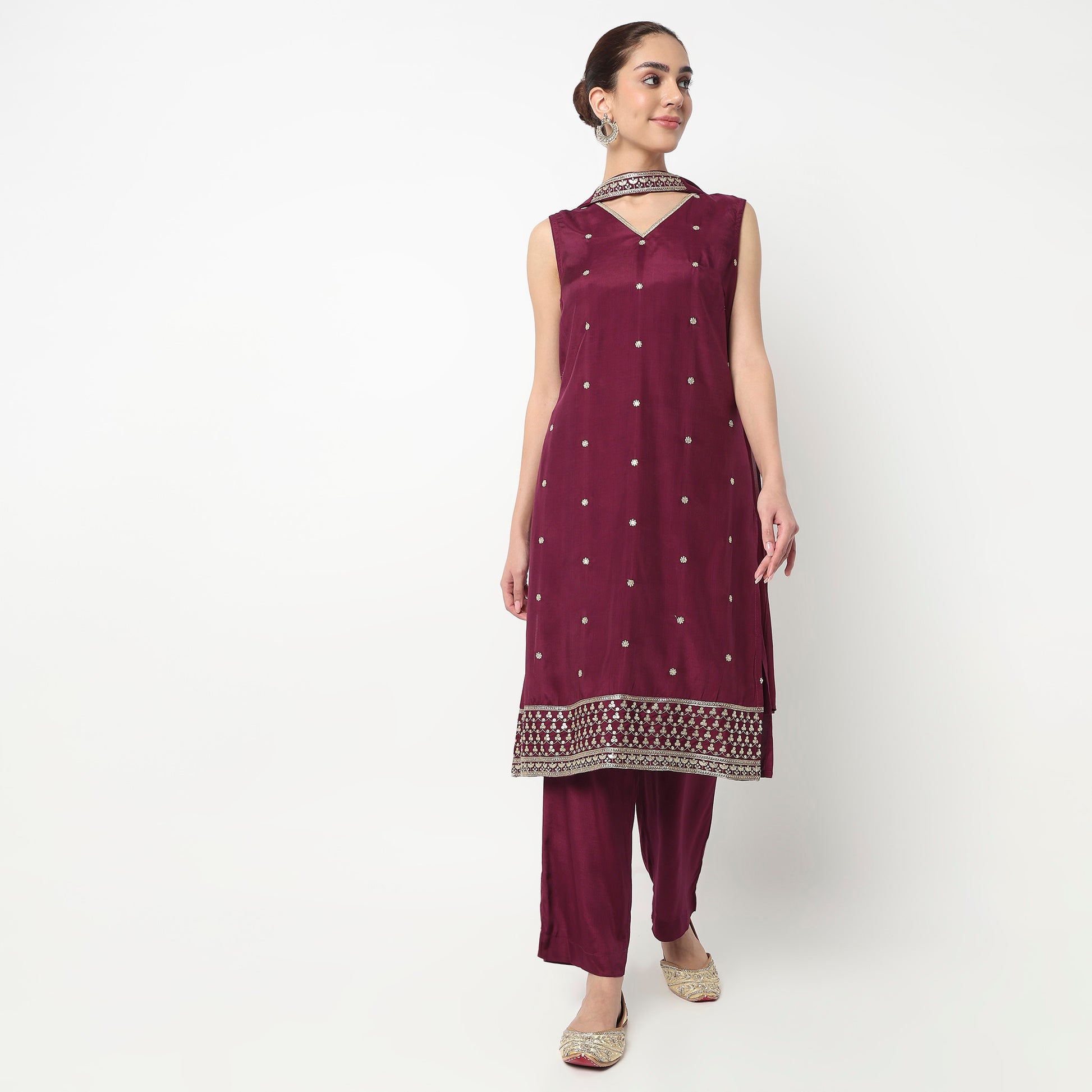V-Neck Straight Kurta with Pant & with Dupatta Set