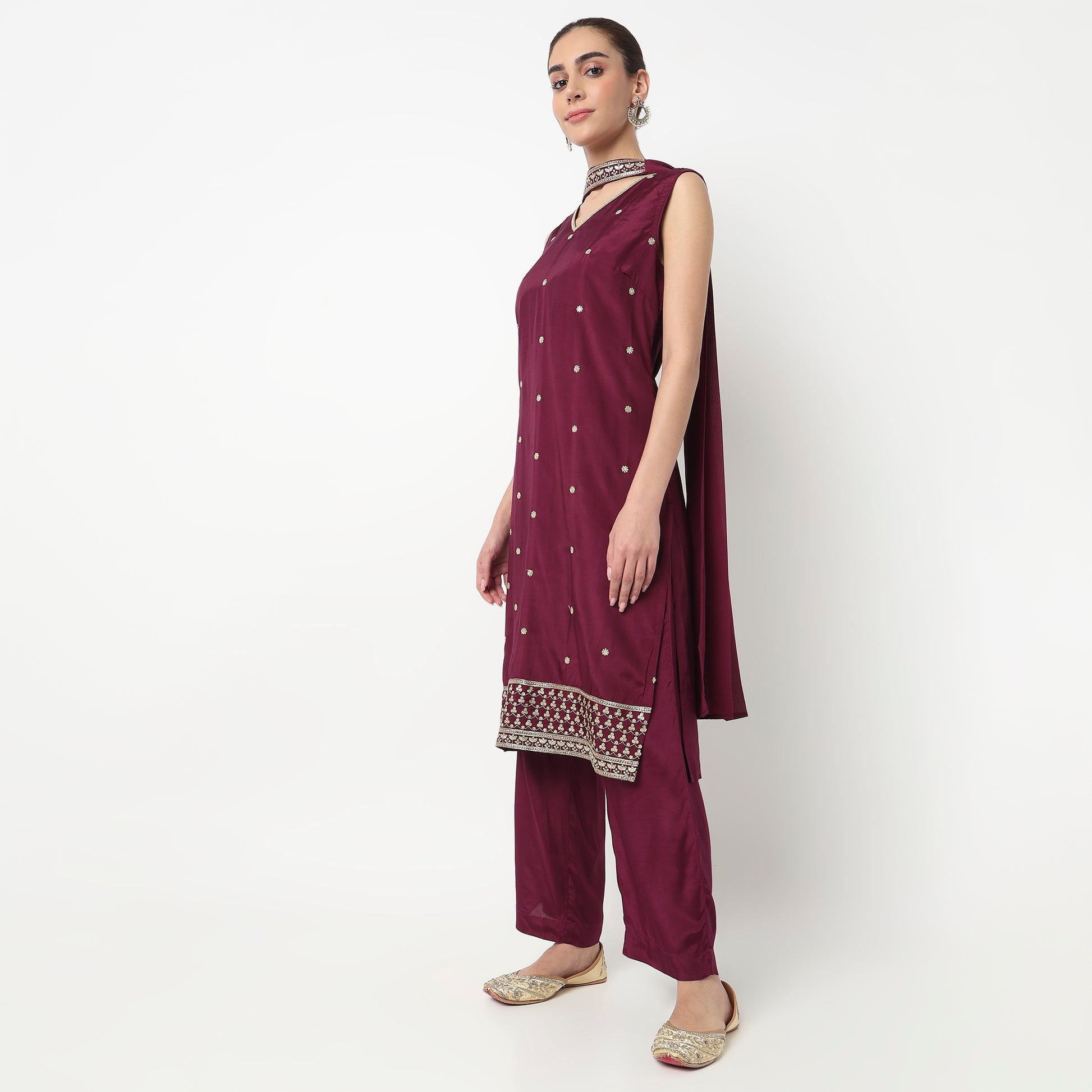 V-Neck Straight Kurta with Pant & with Dupatta Set