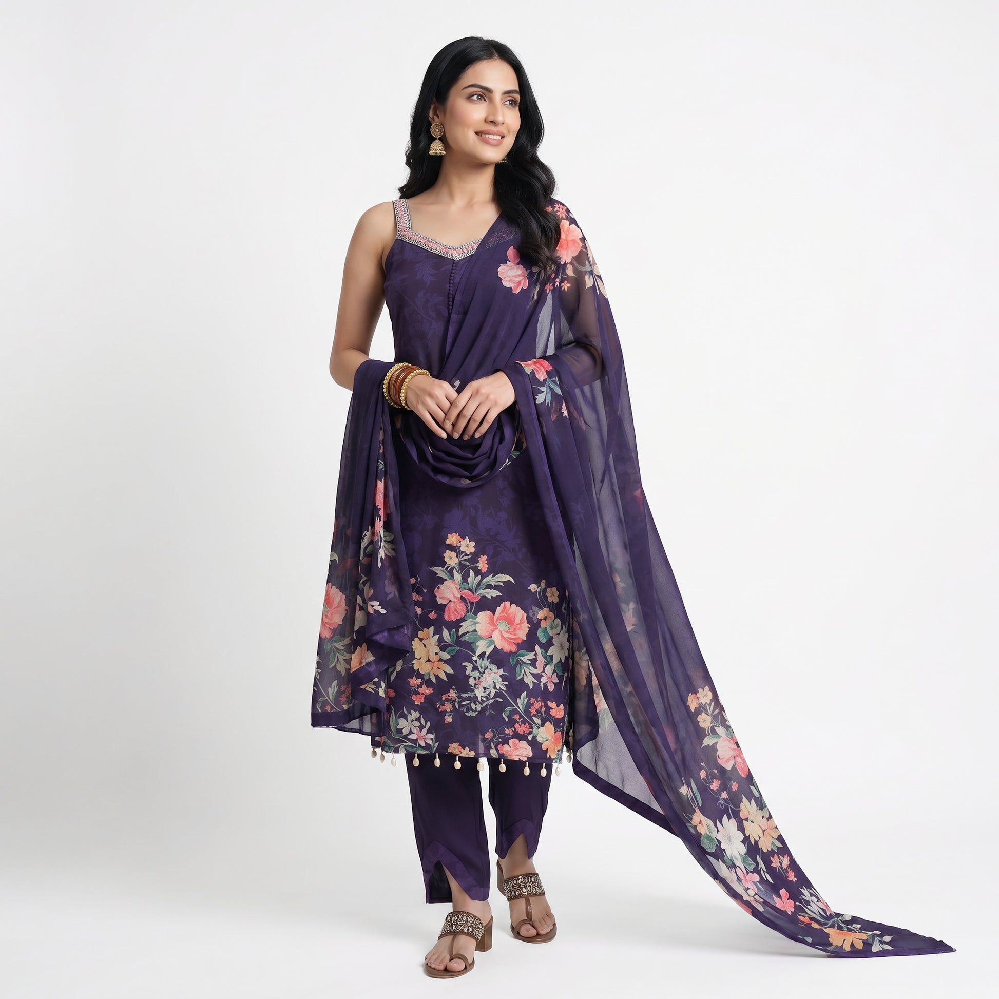 Printed V-Neck Kurta with Pant and Dupatta Set