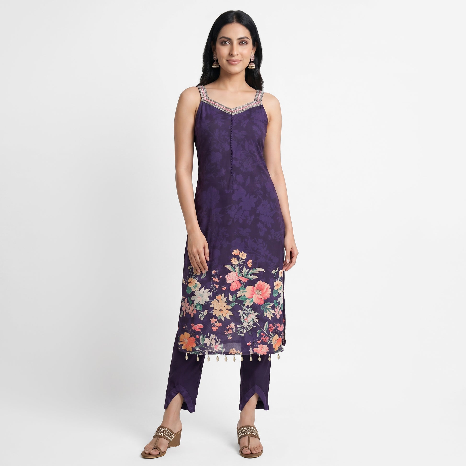 Printed V-Neck Kurta with Pant and Dupatta Set