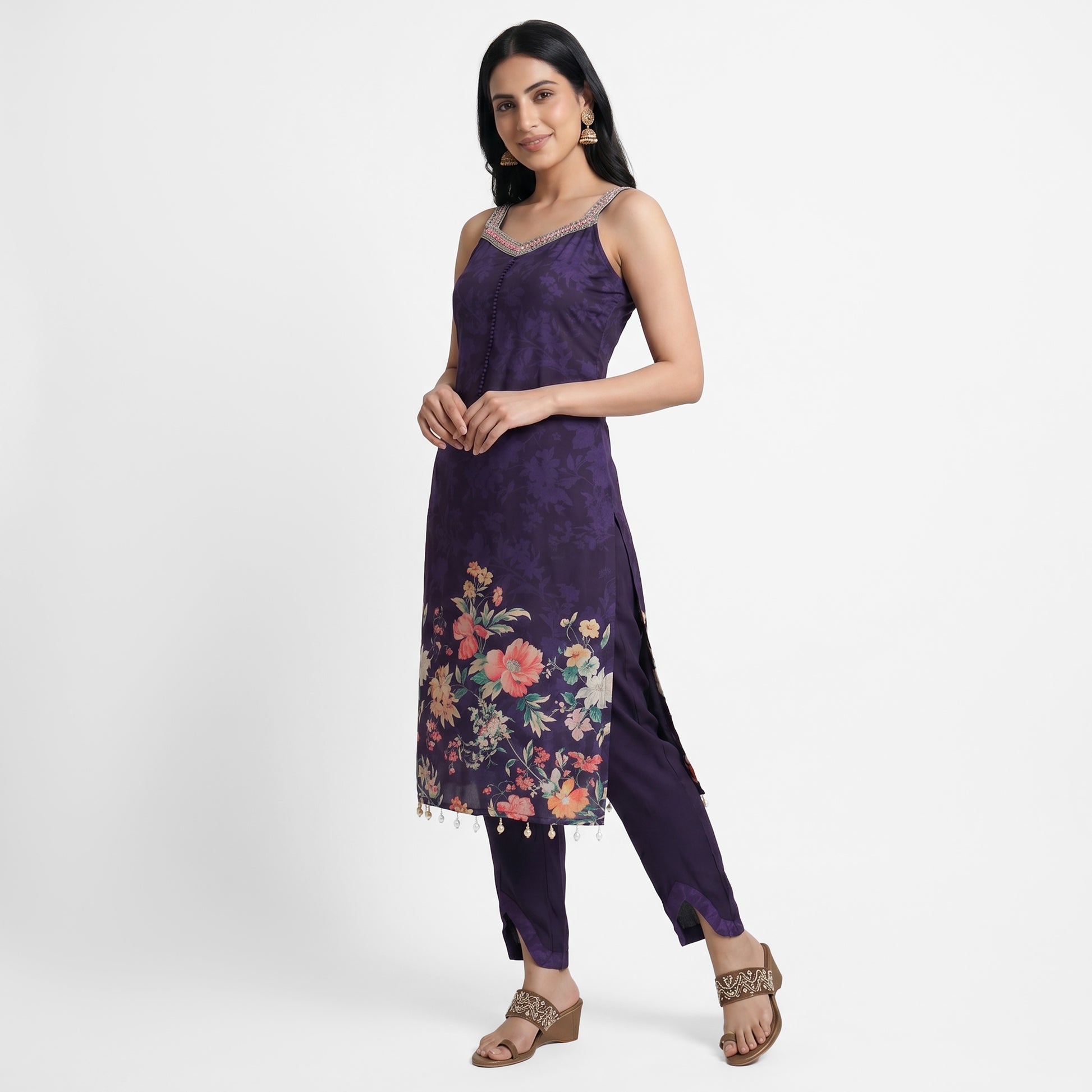 Printed V-Neck Kurta with Pant and Dupatta Set