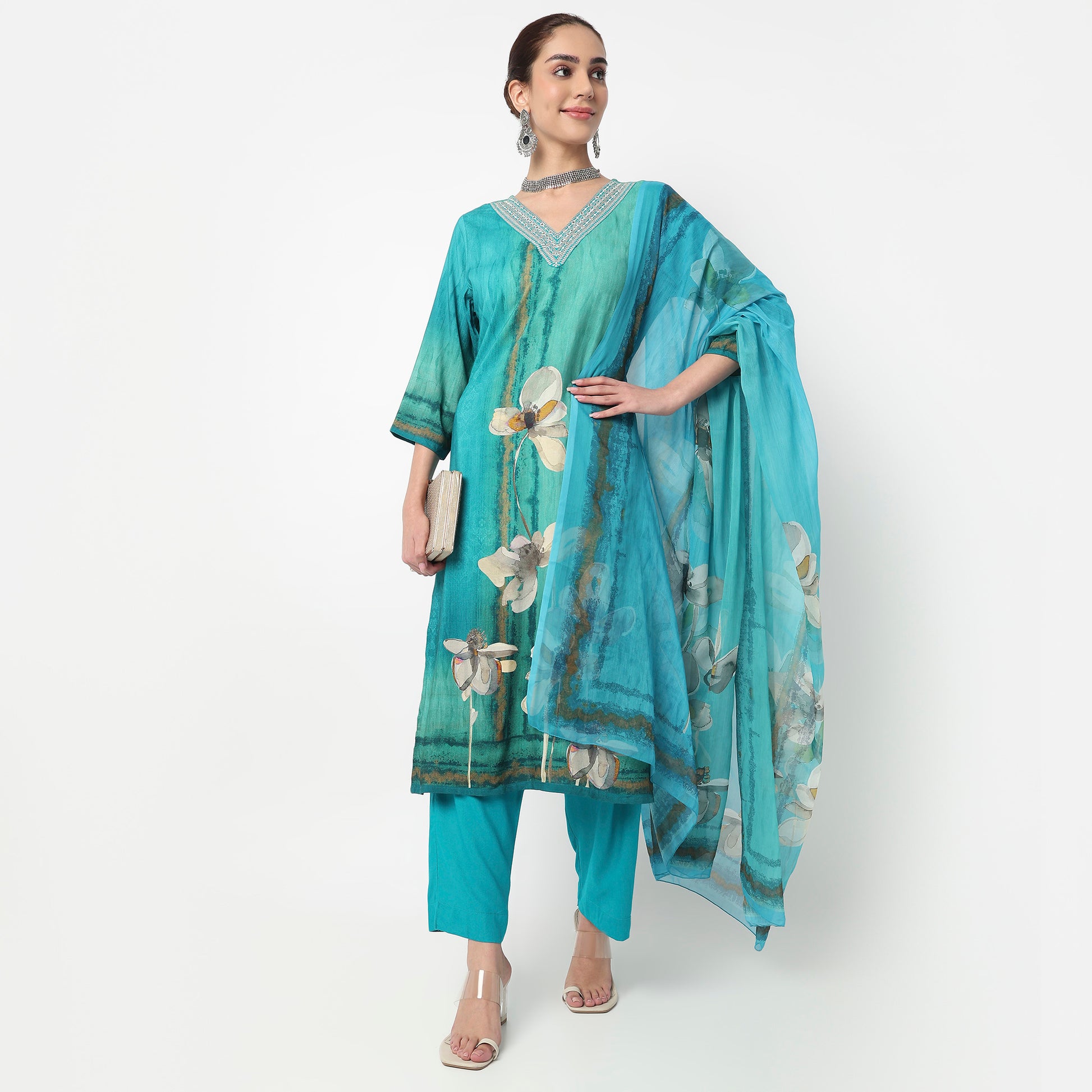 V-Neck Printed Straight Kurta with Pant & with Dupatta Set