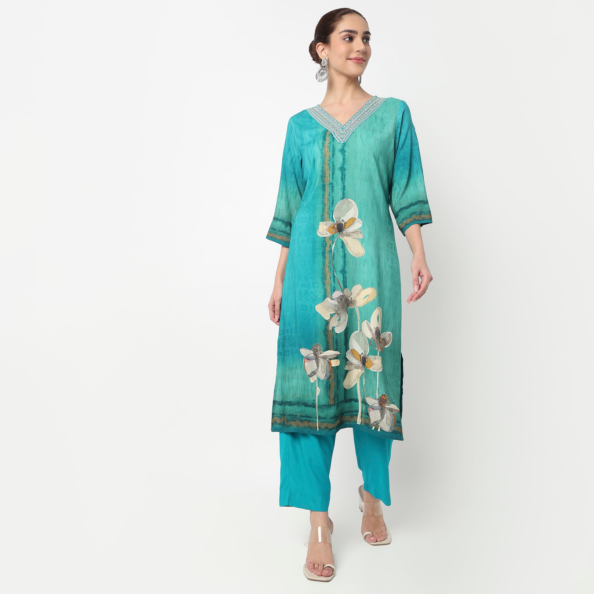 V-Neck Printed Straight Kurta with Pant & with Dupatta Set