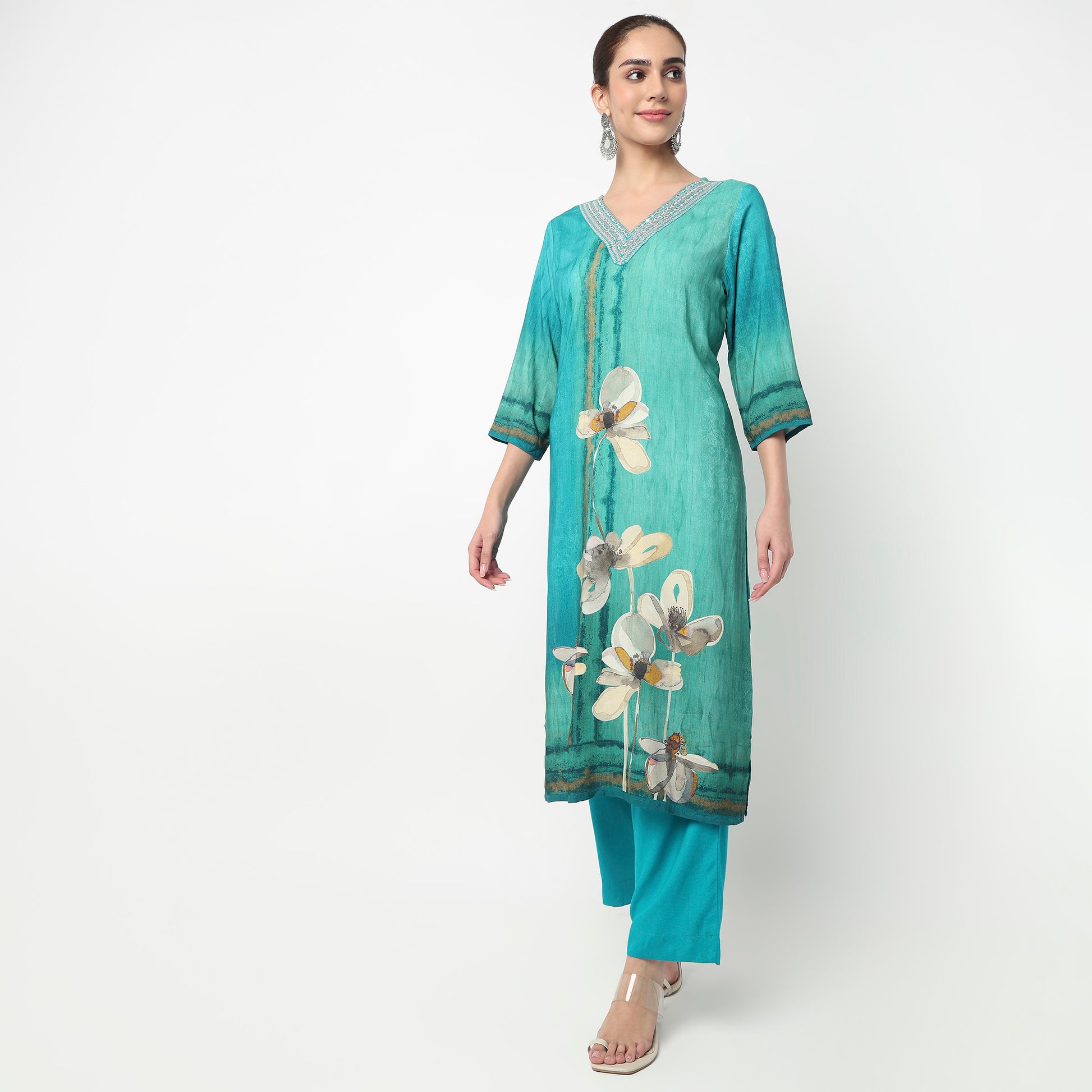 V-Neck Printed Straight Kurta with Pant & with Dupatta Set