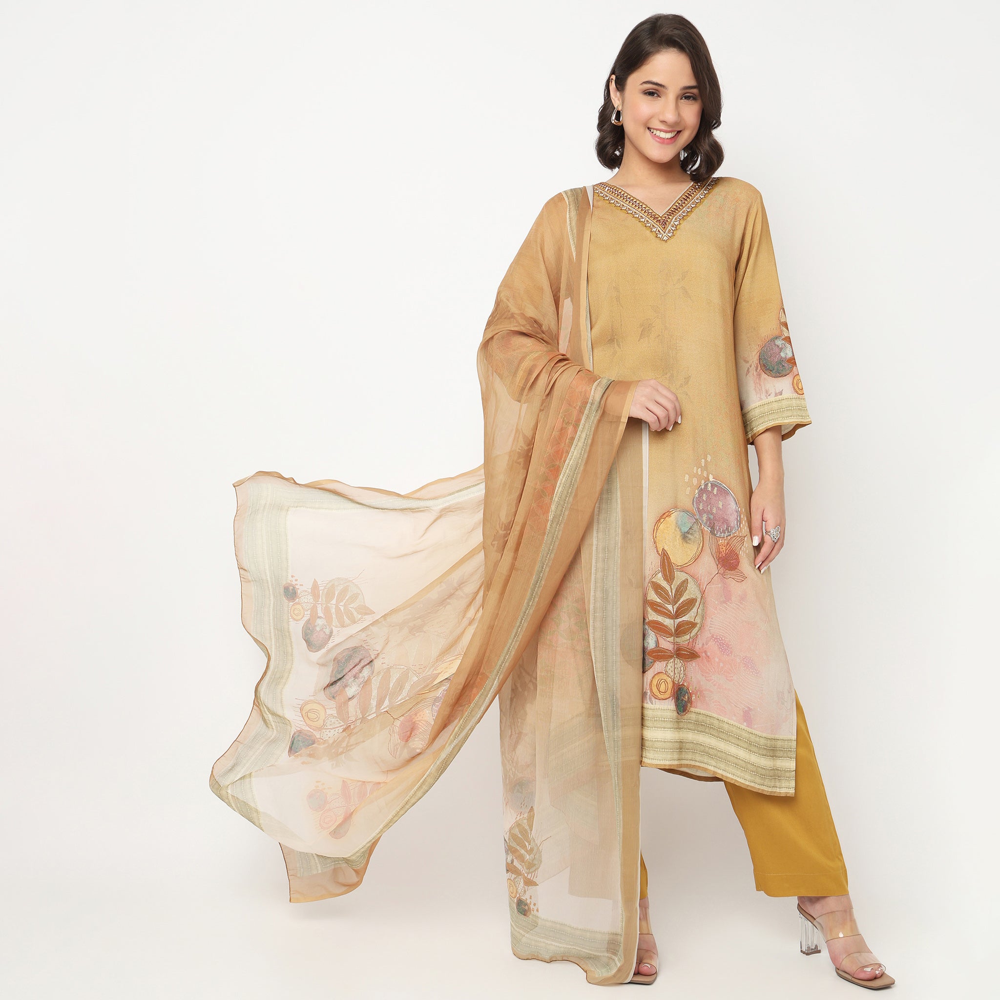 Printed V-Neck Kurta with Pant & with Dupatta Set