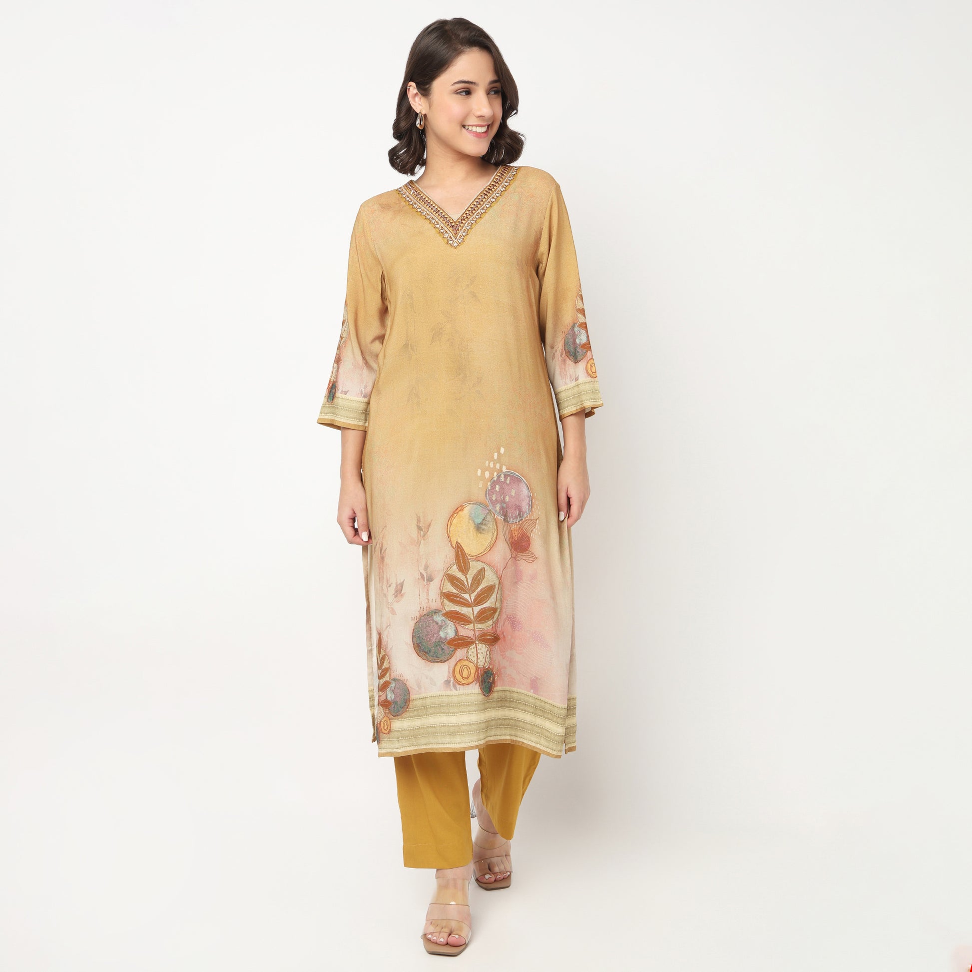 Printed V-Neck Kurta with Pant & with Dupatta Set