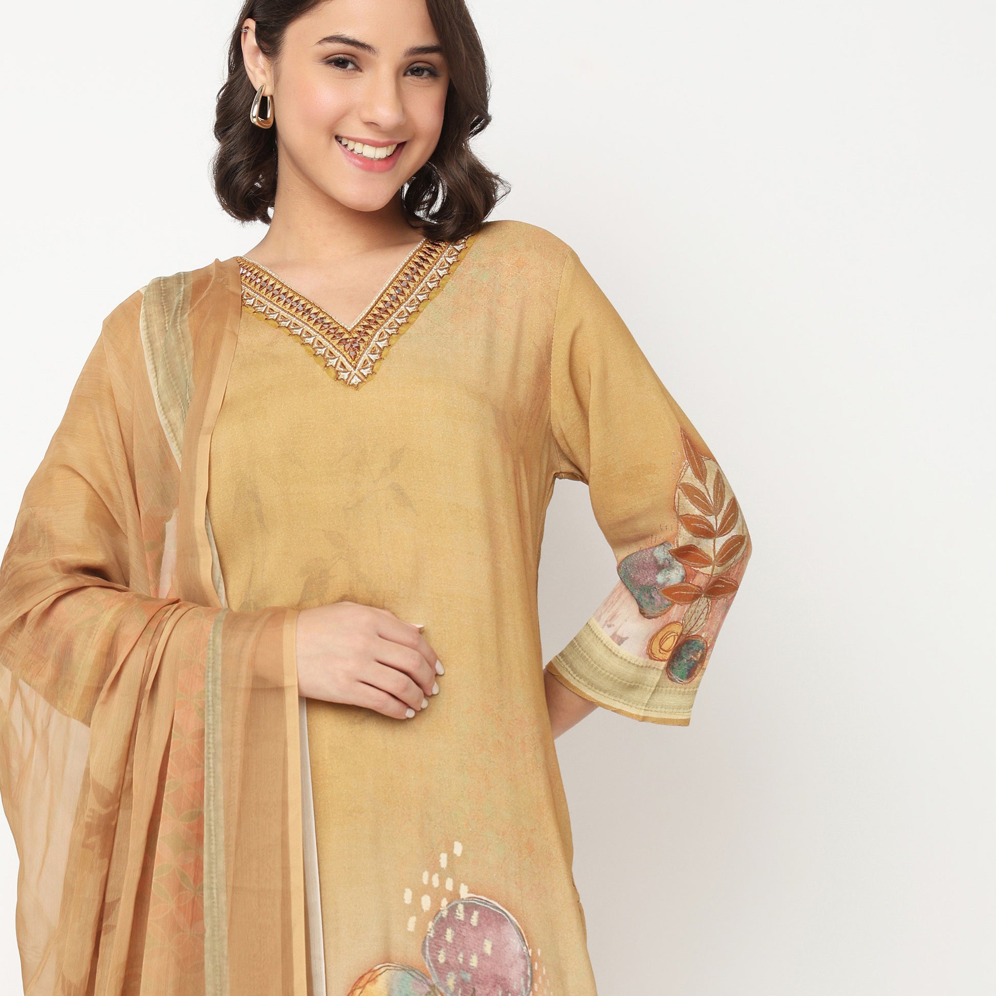 Printed V-Neck Kurta with Pant & with Dupatta Set