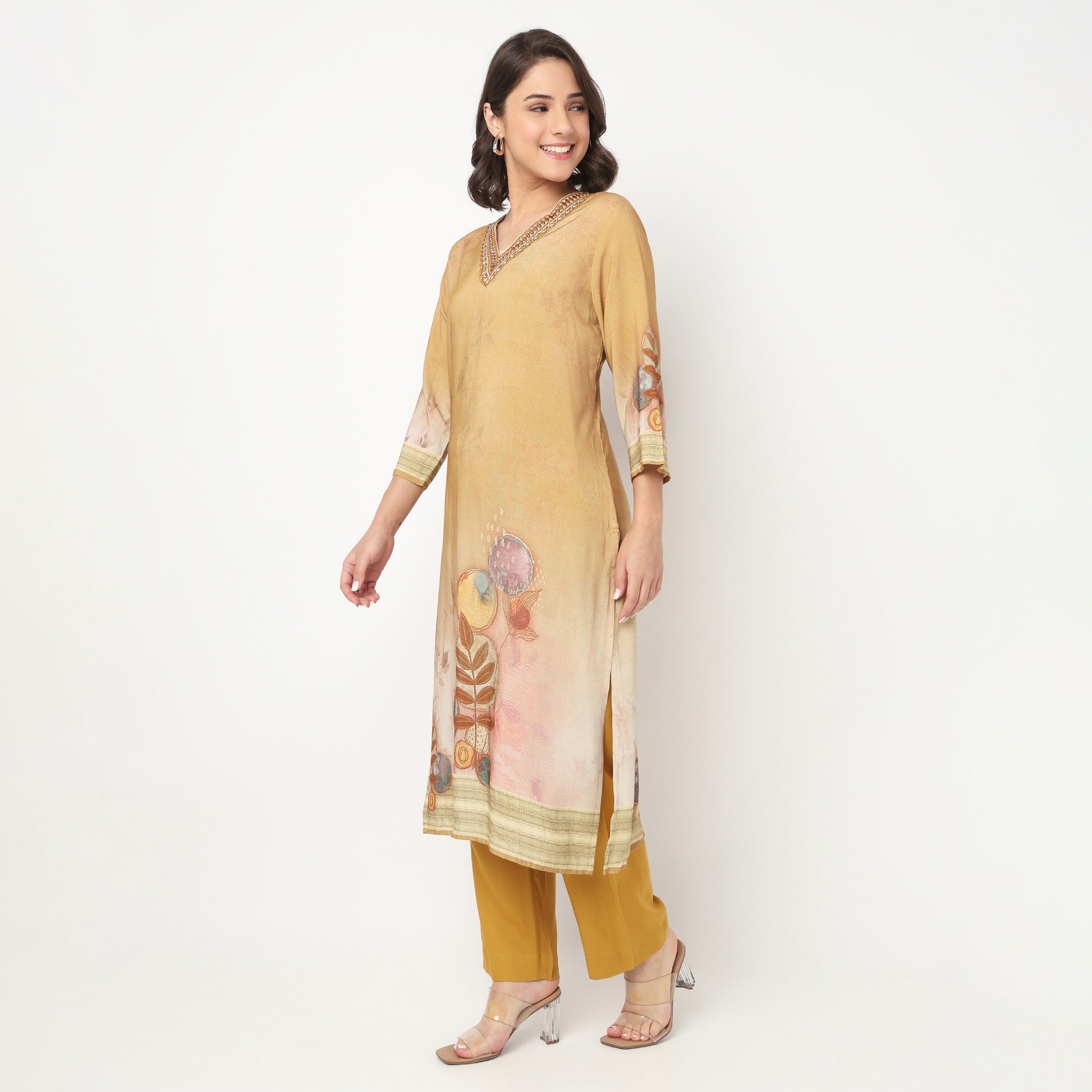 Printed V-Neck Kurta with Pant & with Dupatta Set