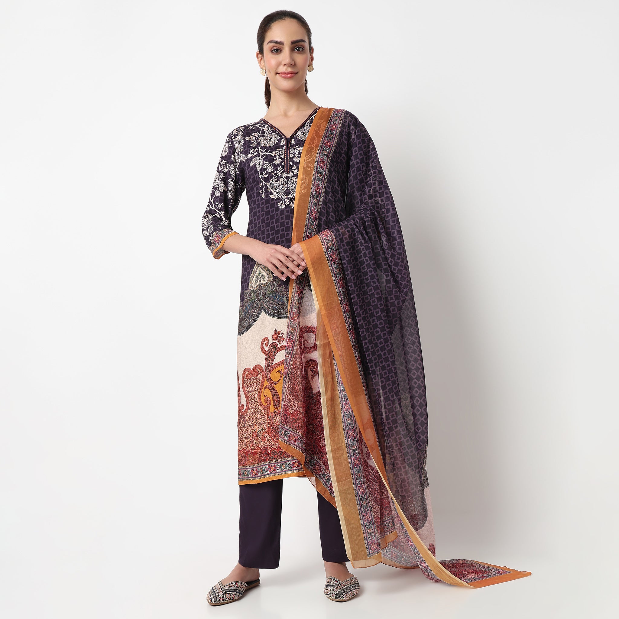 V-Neck Printed Kurta with Pant & with Dupatta Set