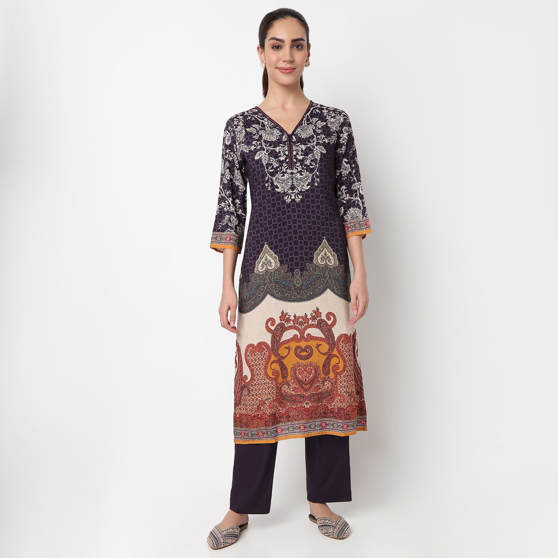 V-Neck Printed Kurta with Pant & with Dupatta Set