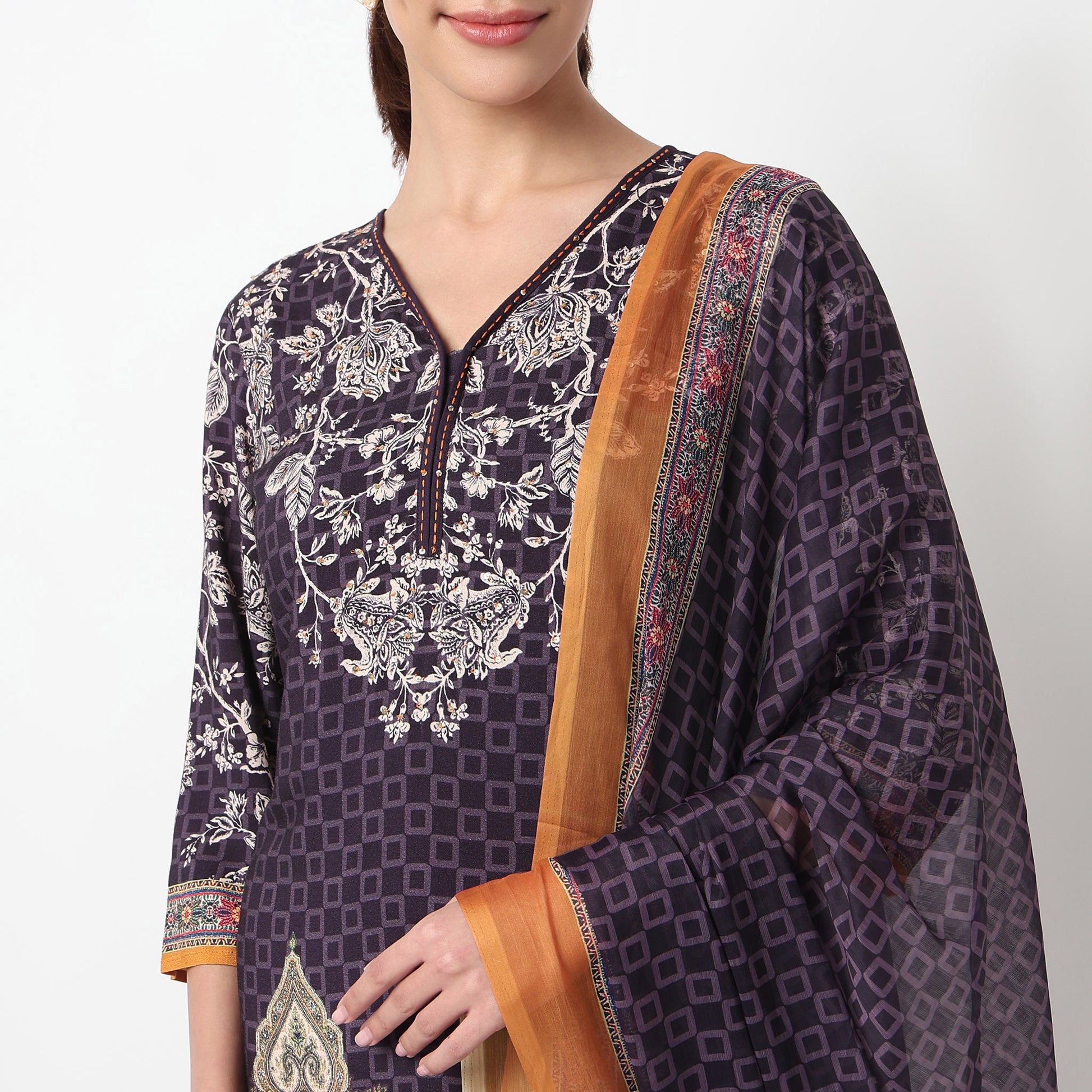 V-Neck Printed Kurta with Pant & with Dupatta Set