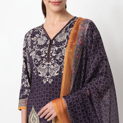 V-Neck Printed Kurta with Pant & with Dupatta Set