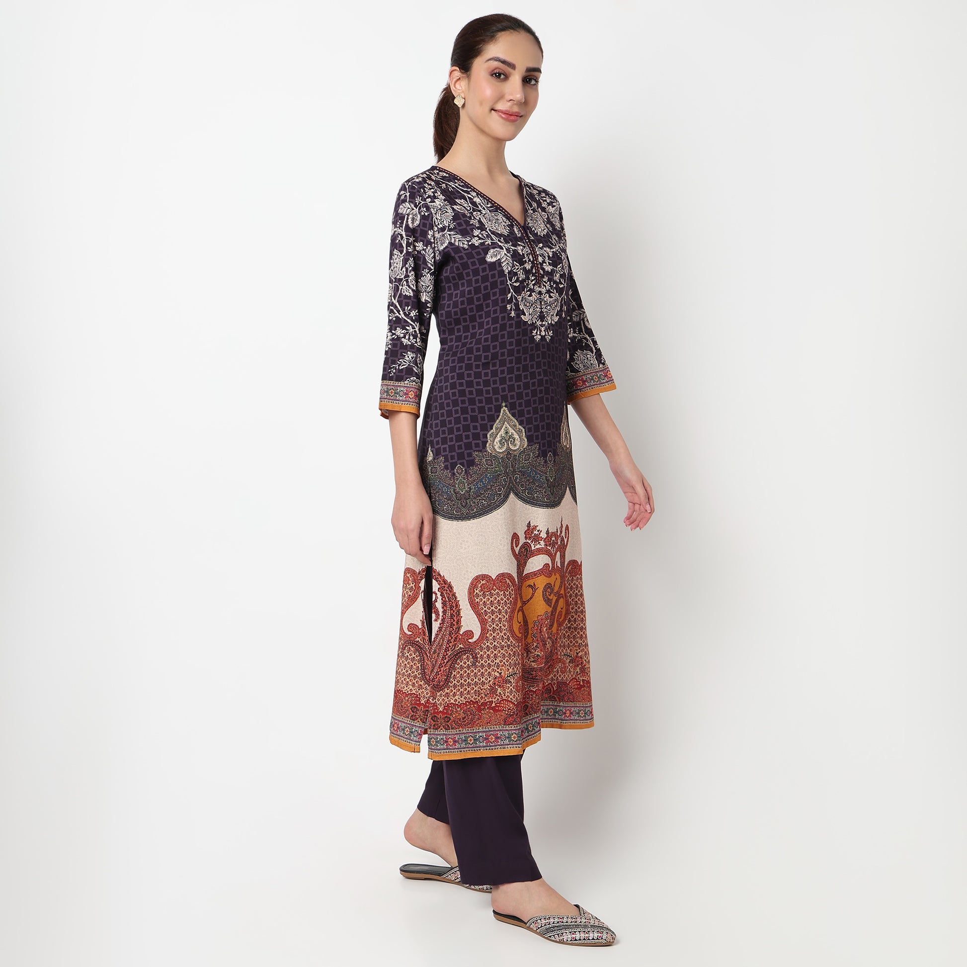 V-Neck Printed Kurta with Pant & with Dupatta Set