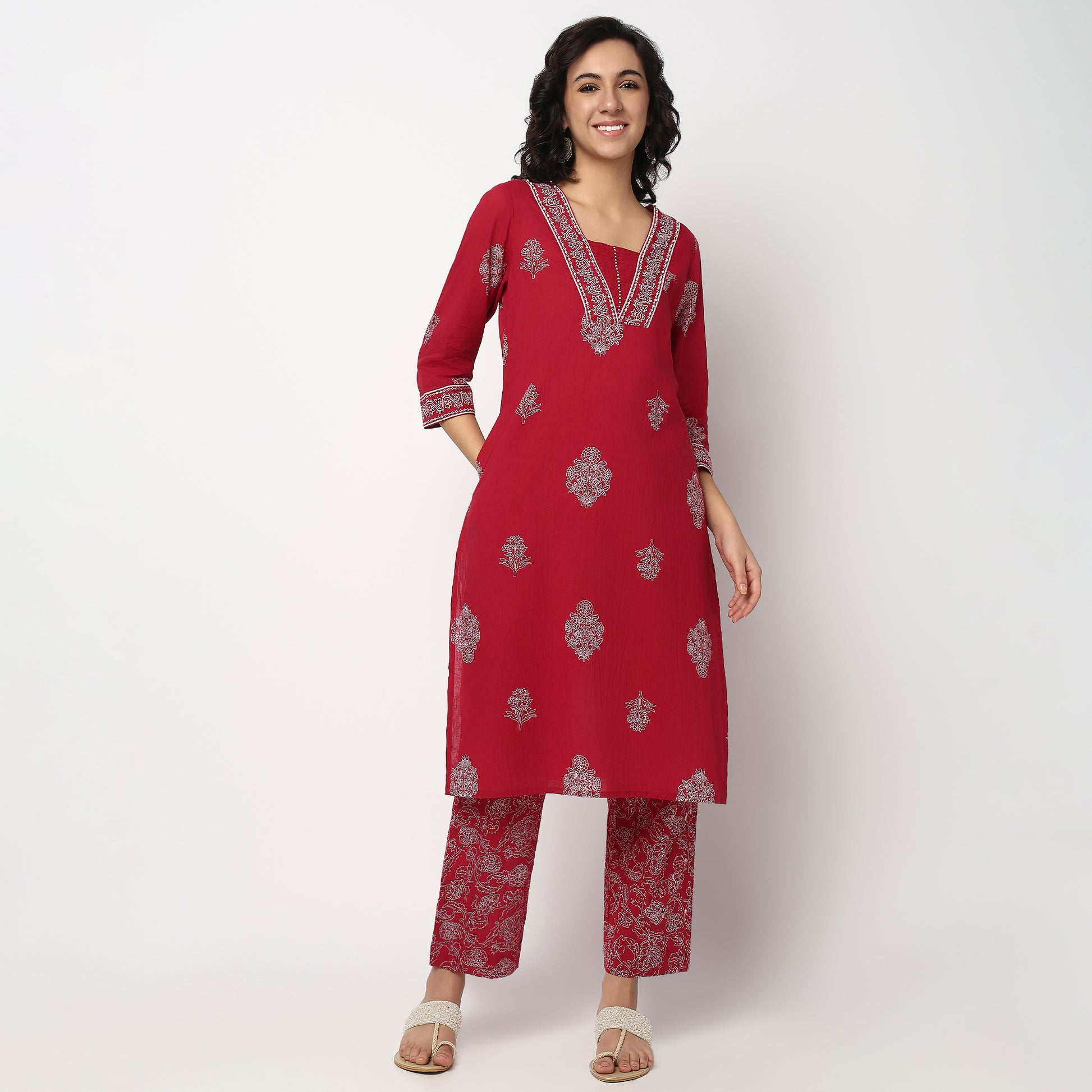 Buy Women Straight Fit Printed Three-Fourth Sleeve Kurta and Pant with Dupatta Set  - Style Union