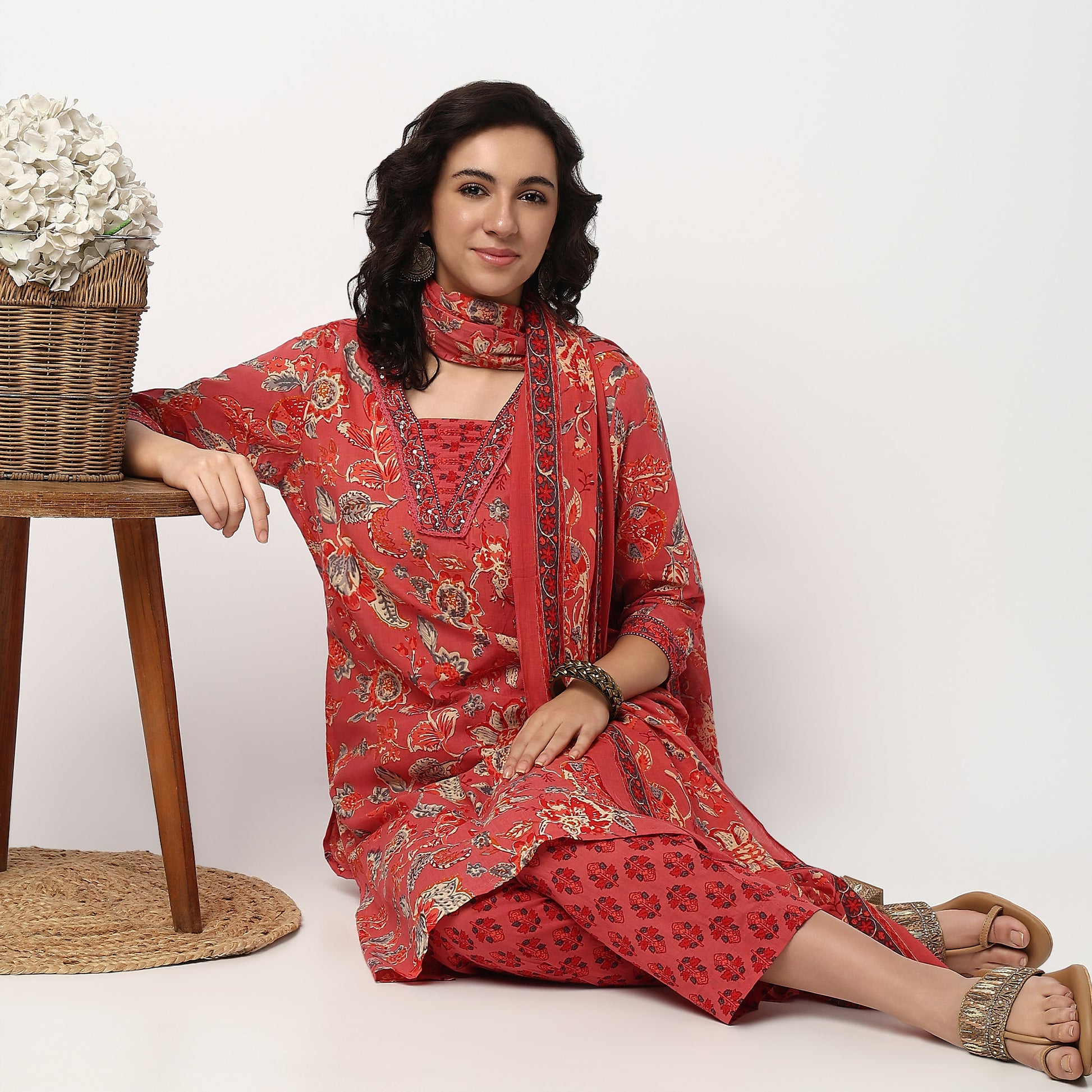 Buy Women Straight Fit Printed Three-Fourth Sleeve Kurta and Pant with Dupatta Set  - Style Union