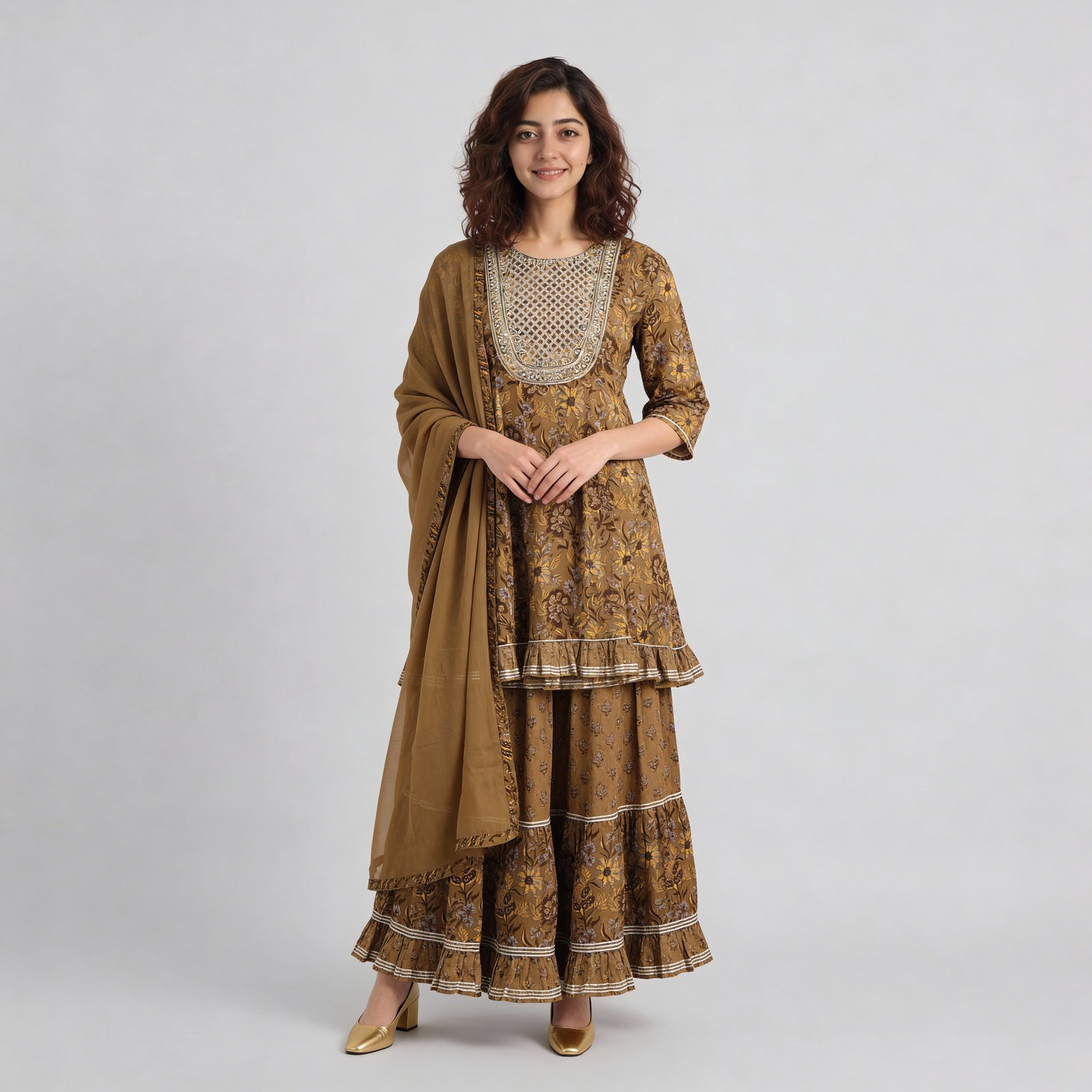 Cotton Printed Kalidar Kurta with Sharara & with Dupatta Set