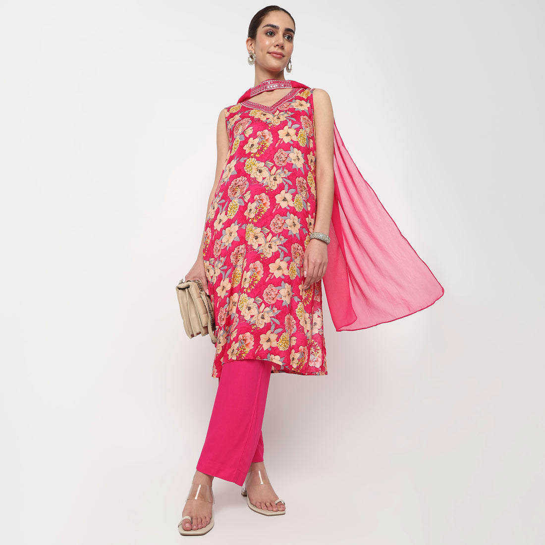 V-Neck Printed Straight Kurta with Pant & with Dupatta Set