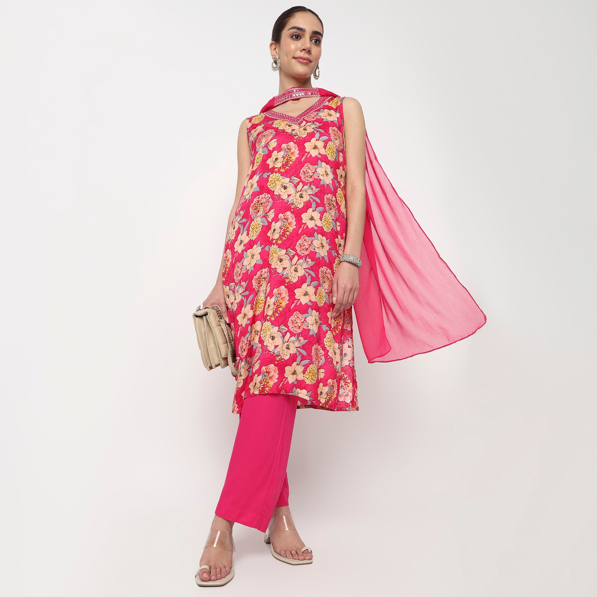 V-Neck Printed Straight Kurta with Pant & with Dupatta Set