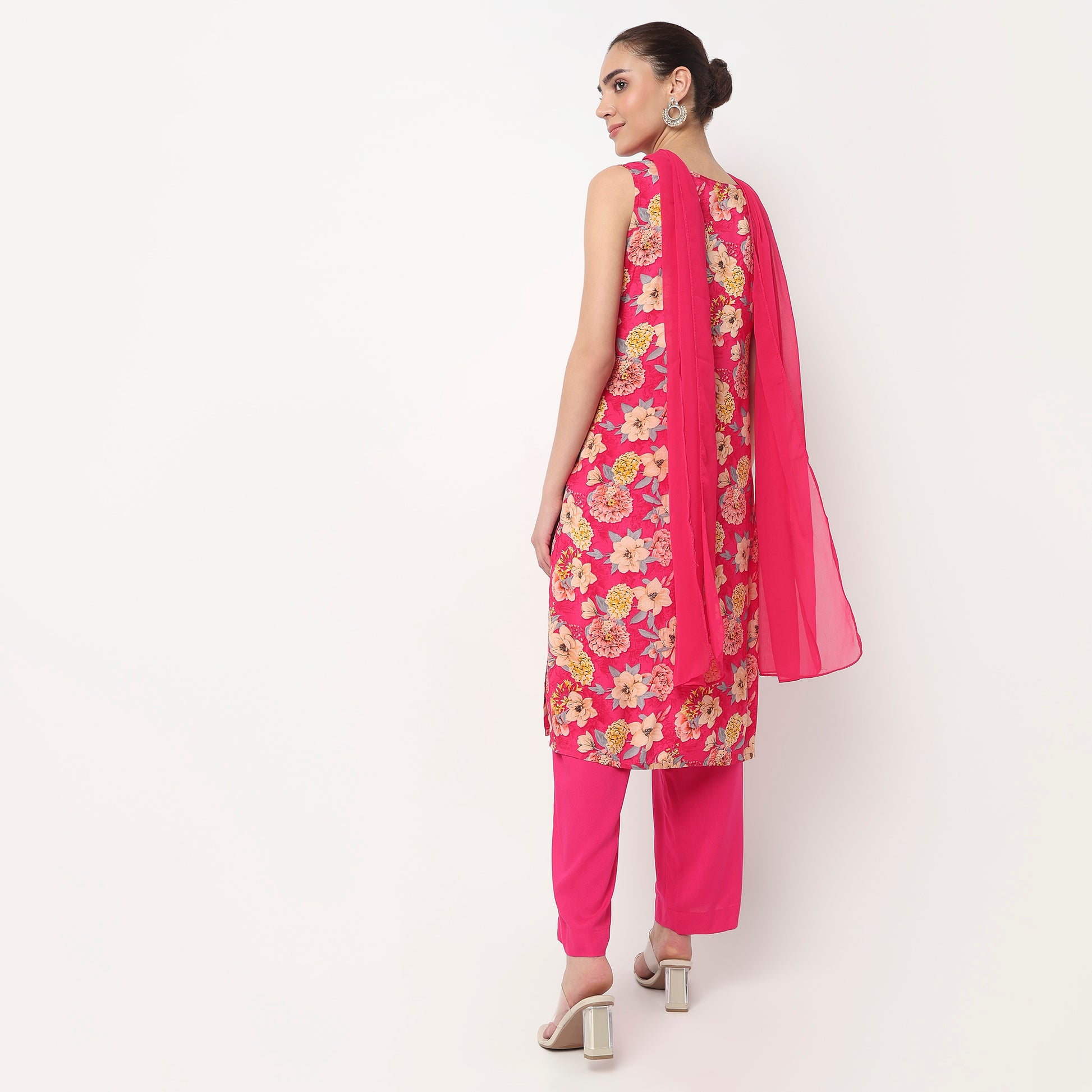 V-Neck Printed Straight Kurta with Pant & with Dupatta Set