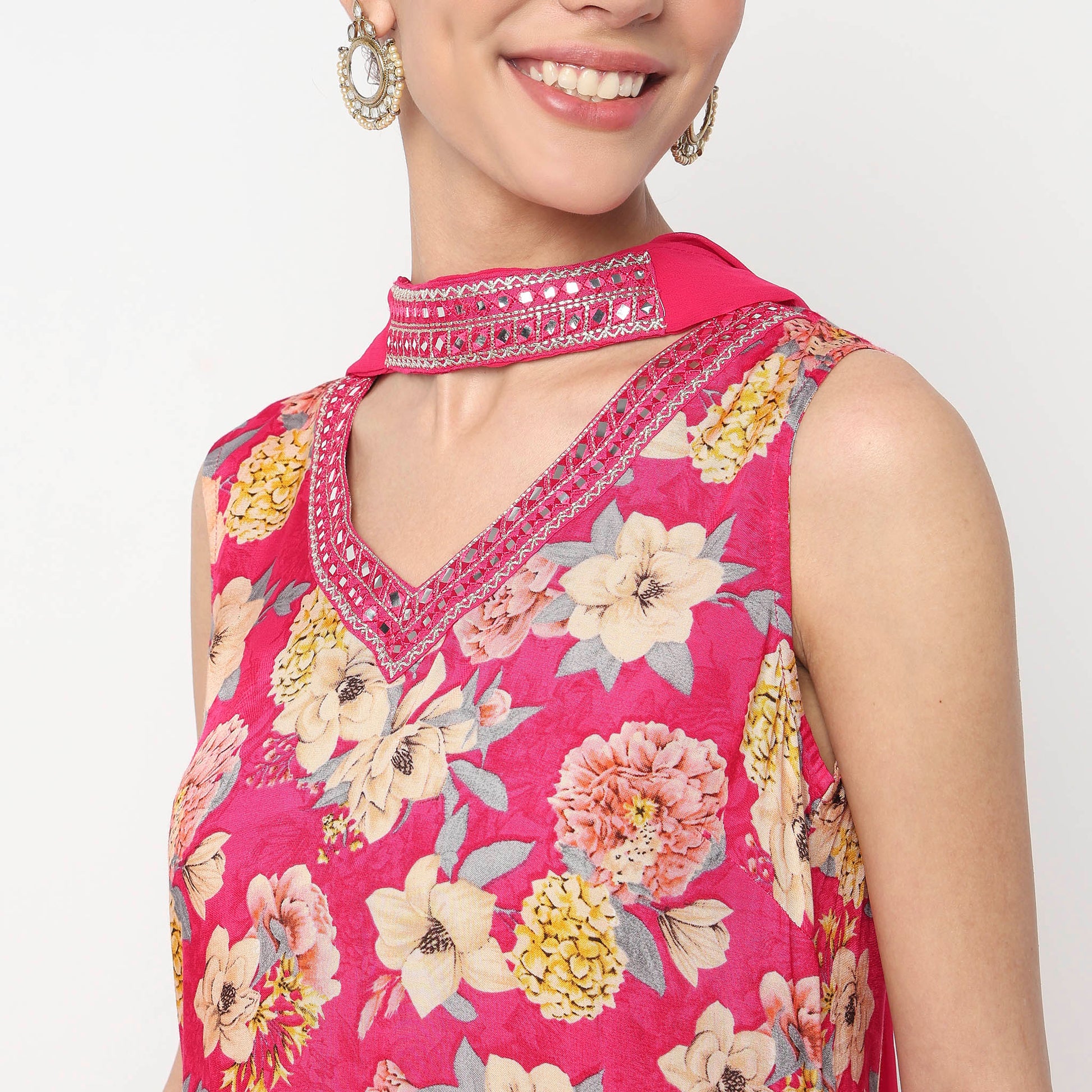 V-Neck Printed Straight Kurta with Pant & with Dupatta Set