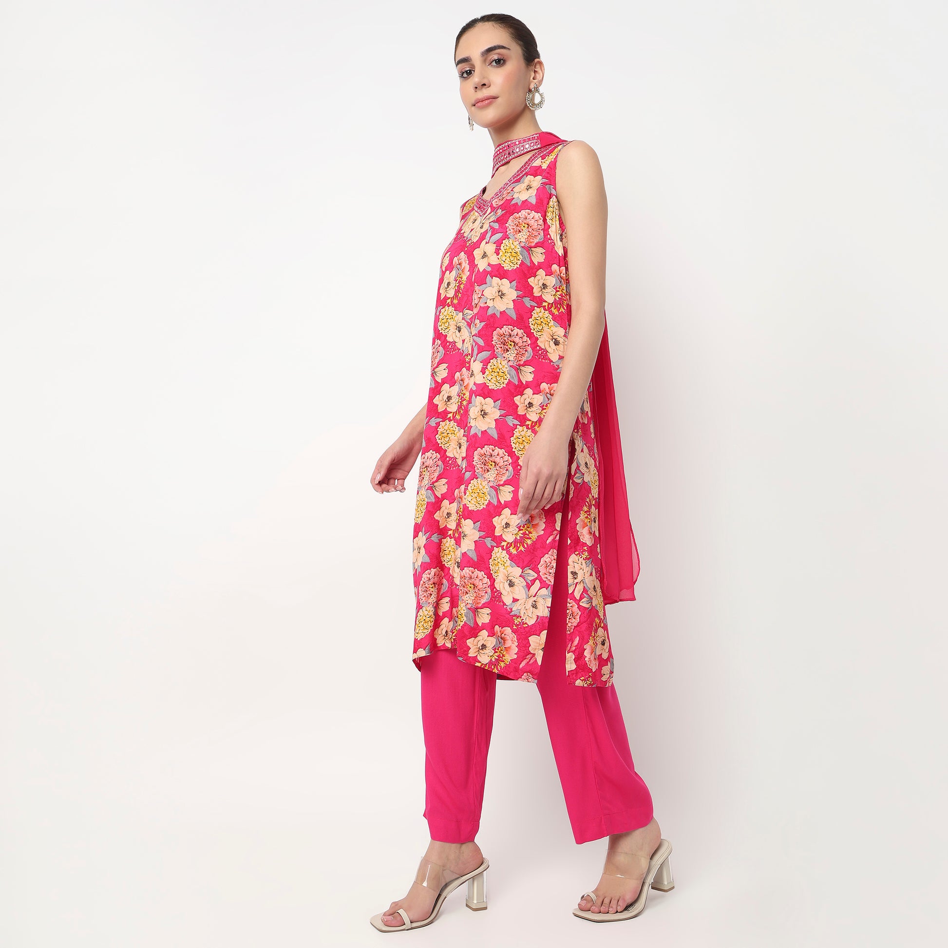 V-Neck Printed Straight Kurta with Pant & with Dupatta Set