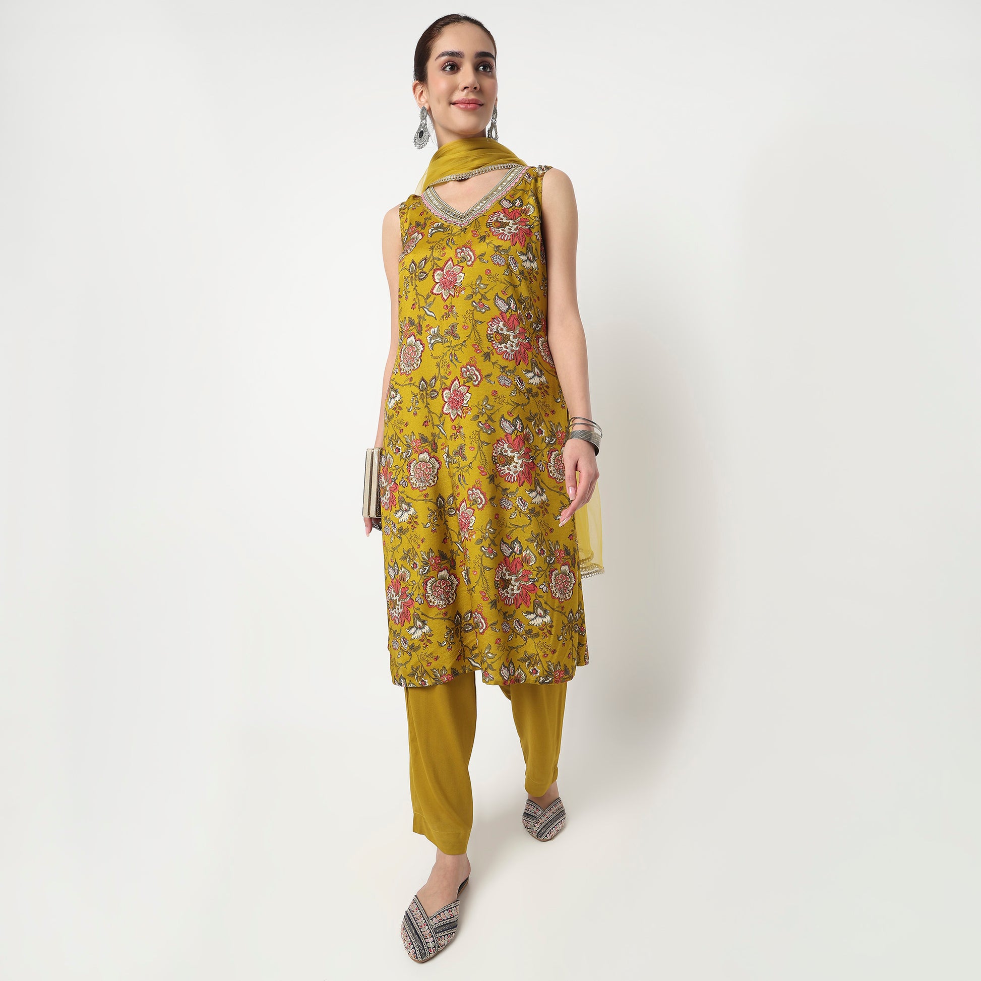 V-Neck Printed Straight Kurta with Pant & with Dupatta Set