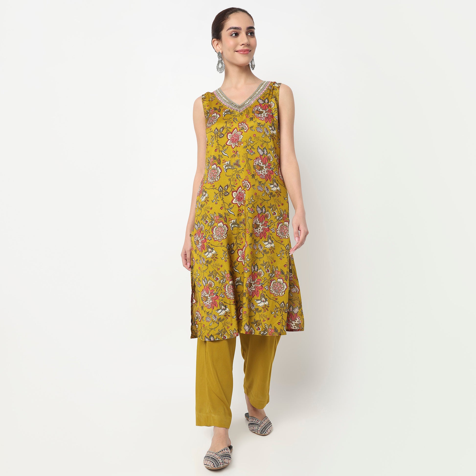 V-Neck Printed Straight Kurta with Pant & with Dupatta Set