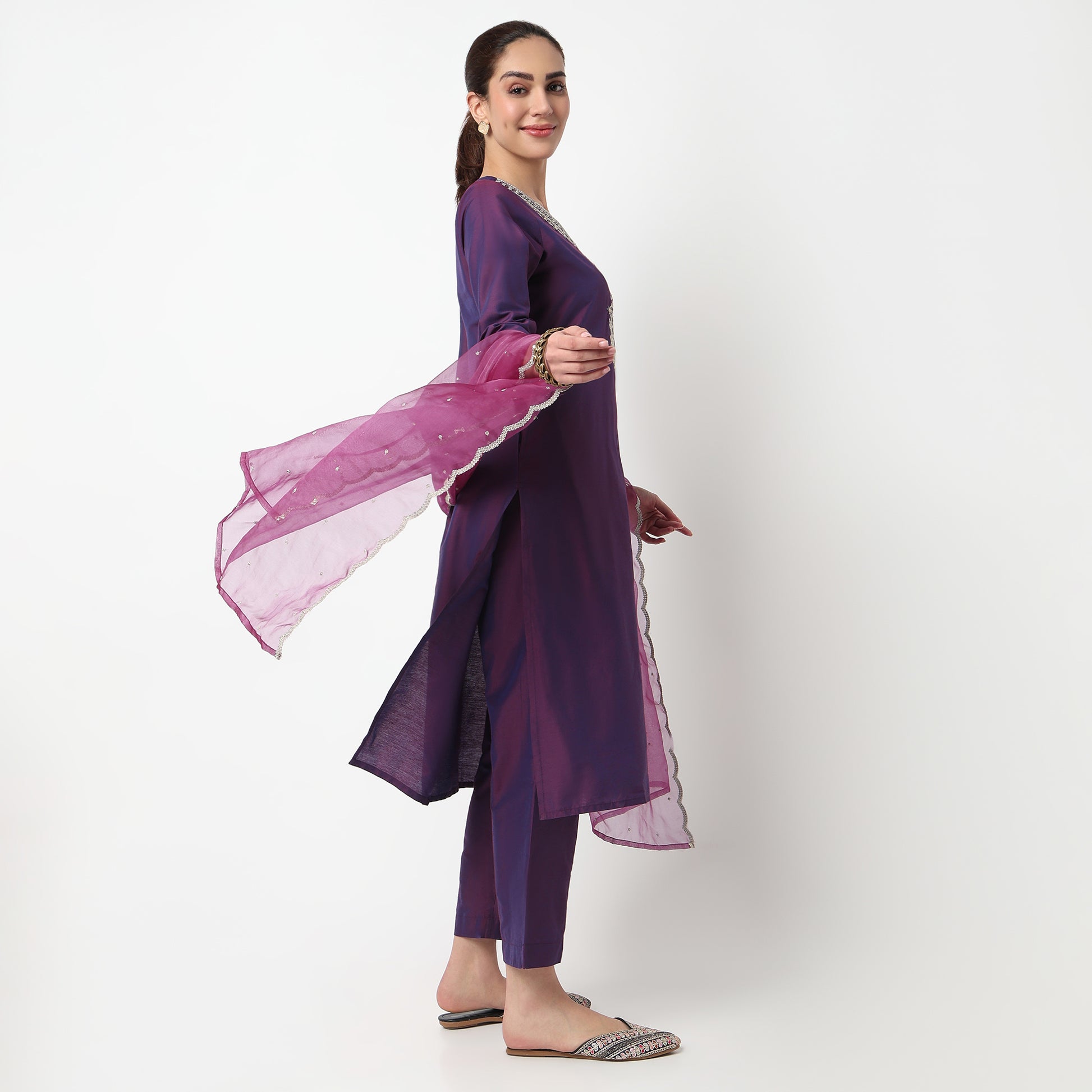 V-Neck Kurta with Pant & with Dupatta Set