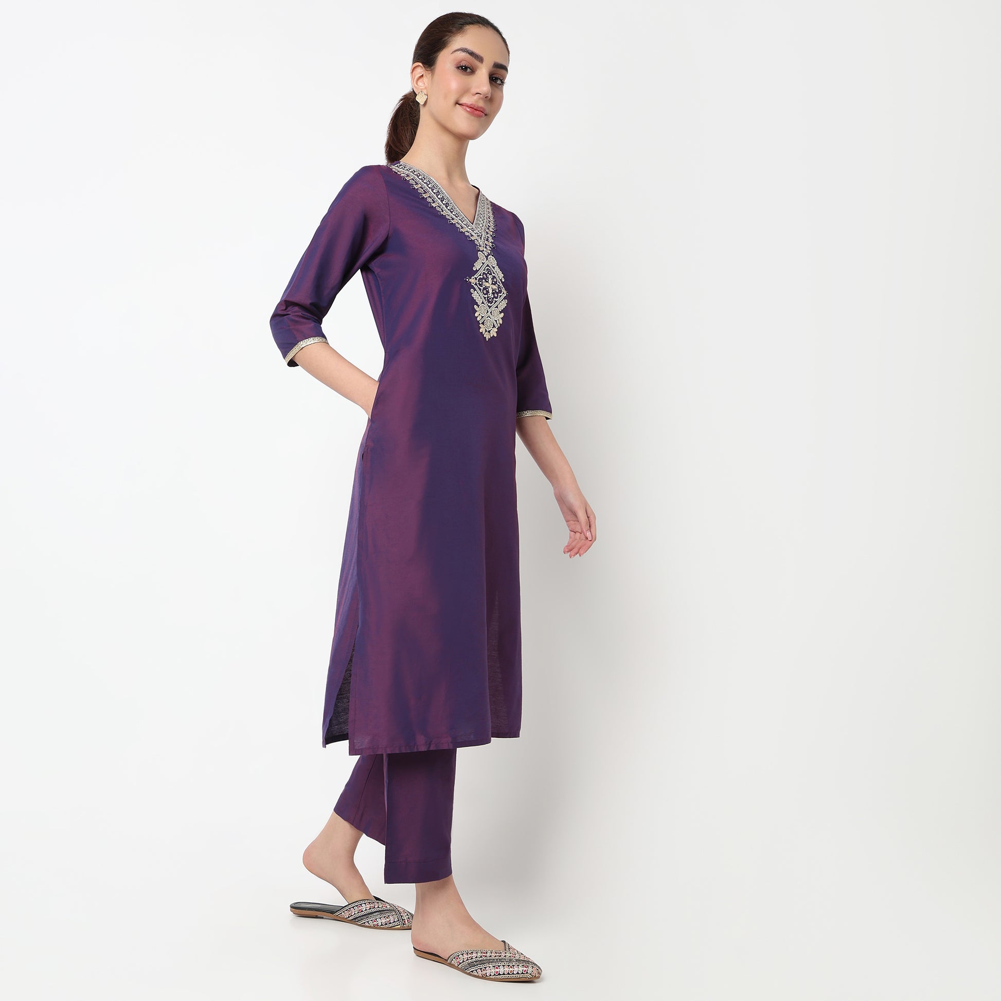 V-Neck Kurta with Pant & with Dupatta Set