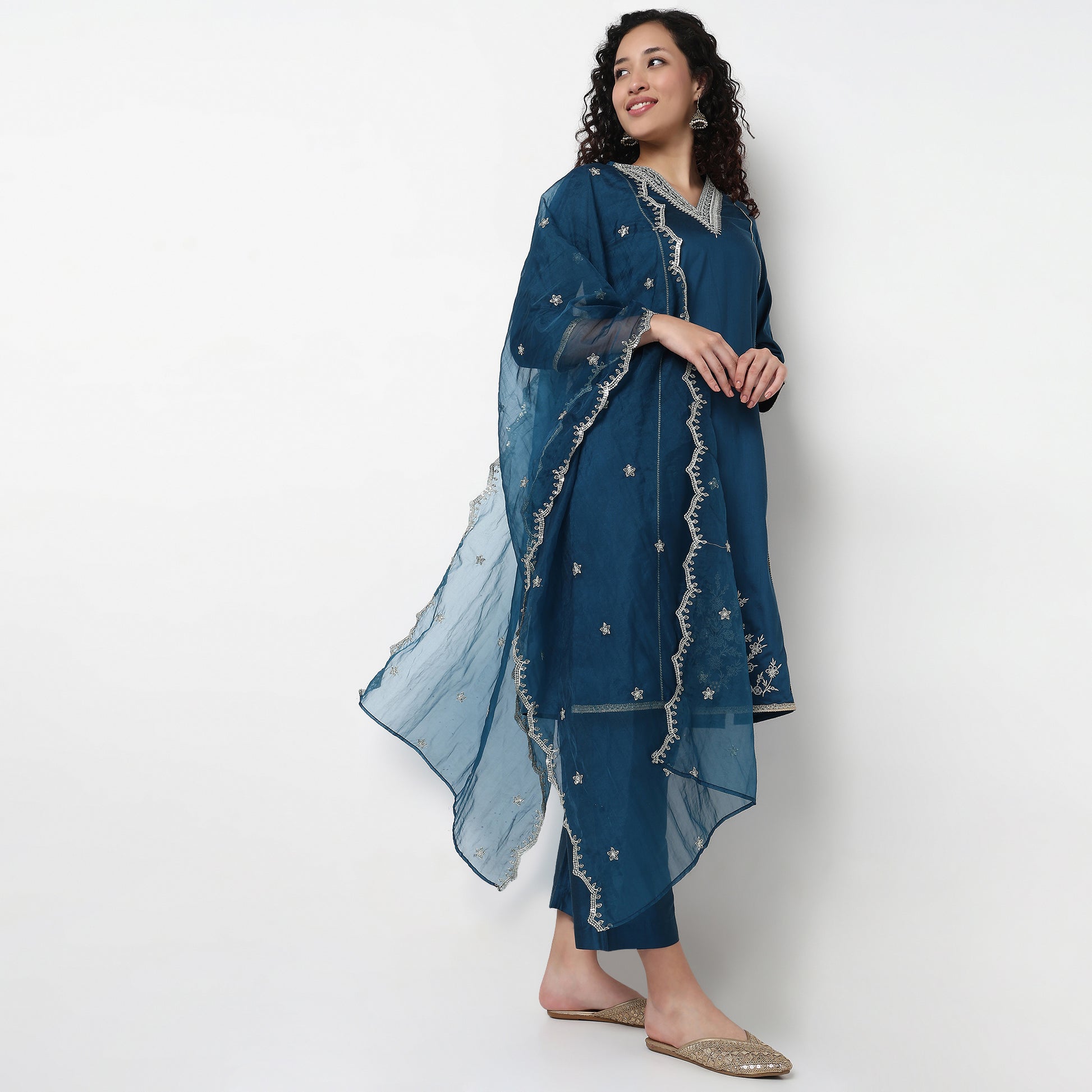 V-Neck Embellished Kurta and Pant with Dupatta Set