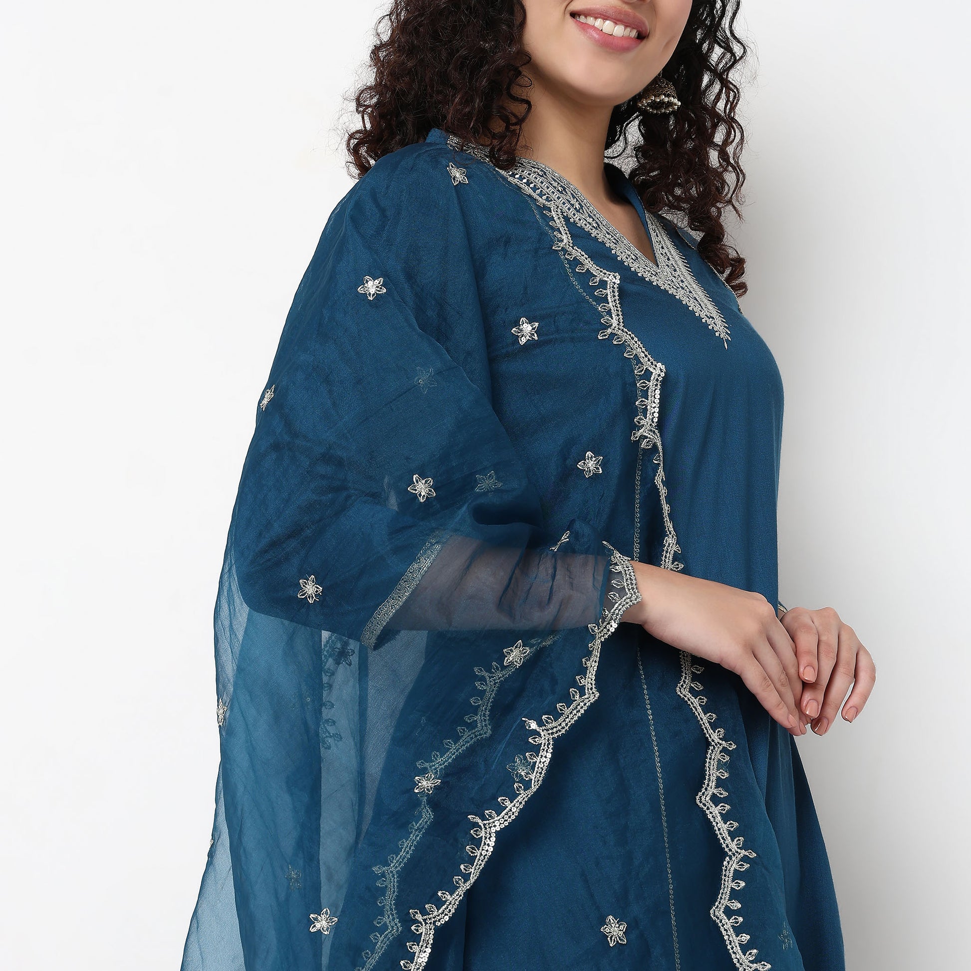 V-Neck Embellished Kurta and Pant with Dupatta Set