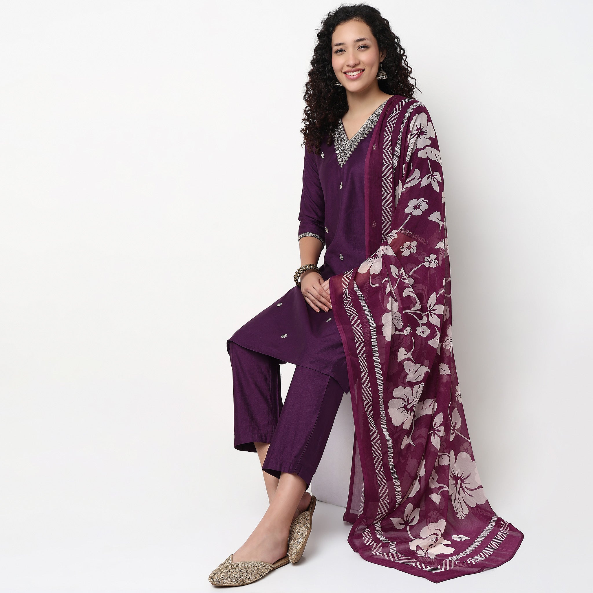 V-Neck Embellished Kurta and Pant with Dupatta Set