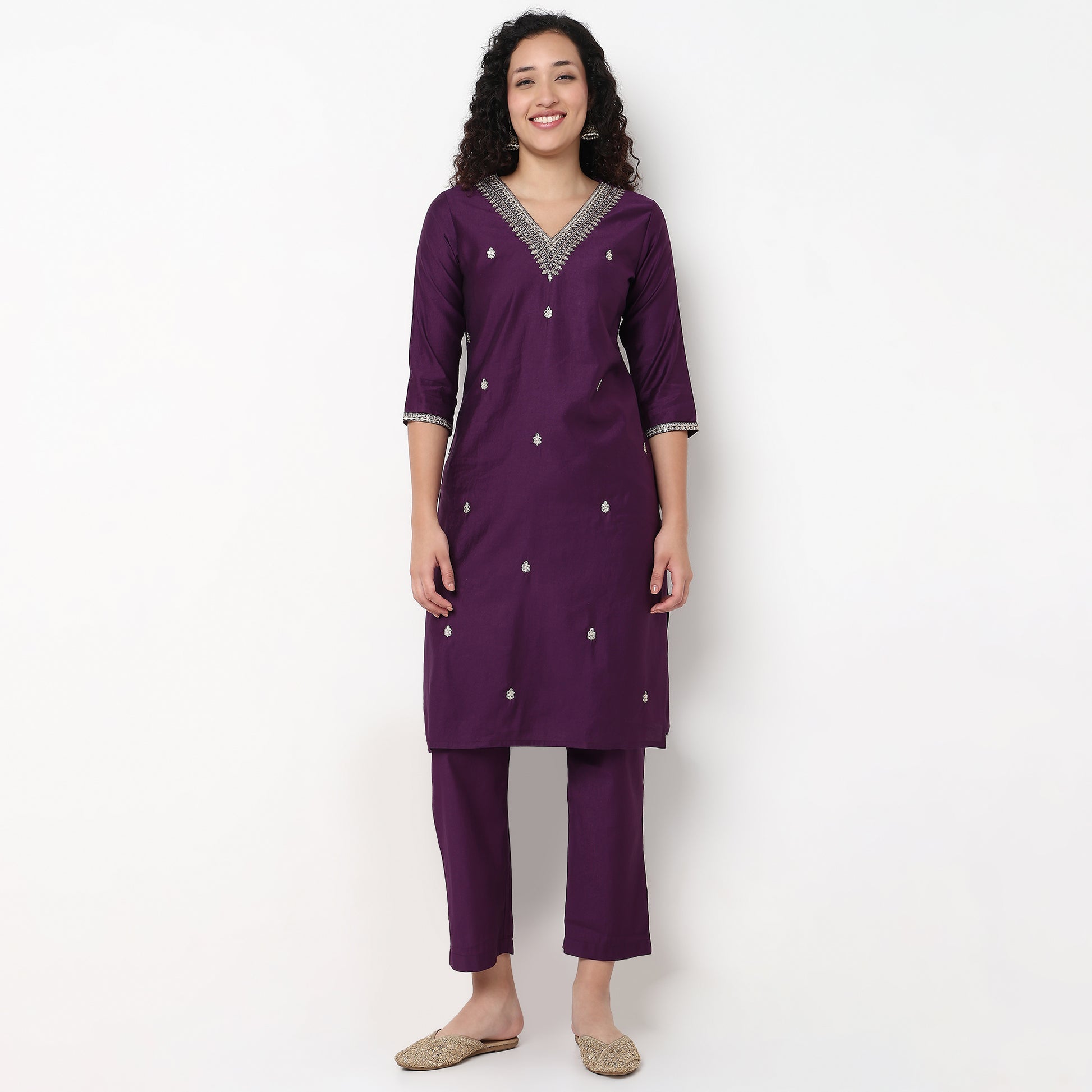 V-Neck Embellished Kurta and Pant with Dupatta Set