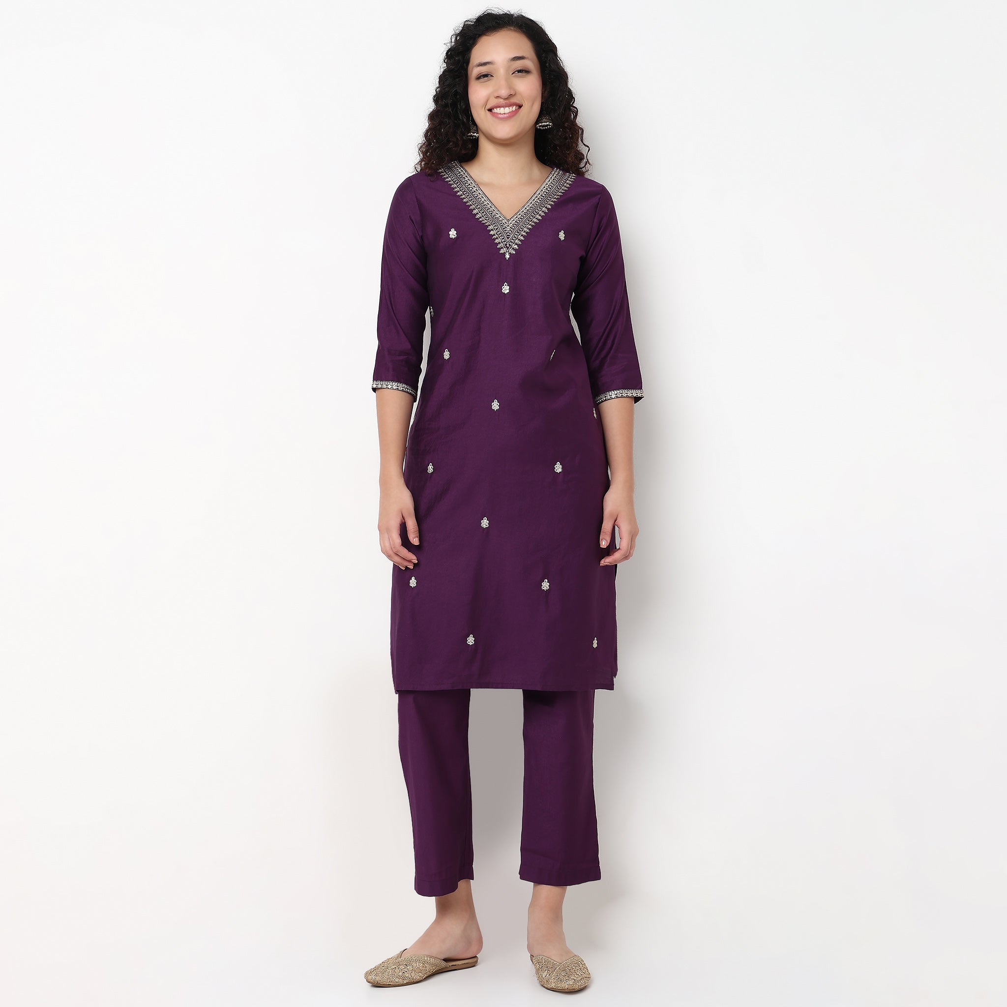 V-Neck Embellished Kurta and Pant with Dupatta Set