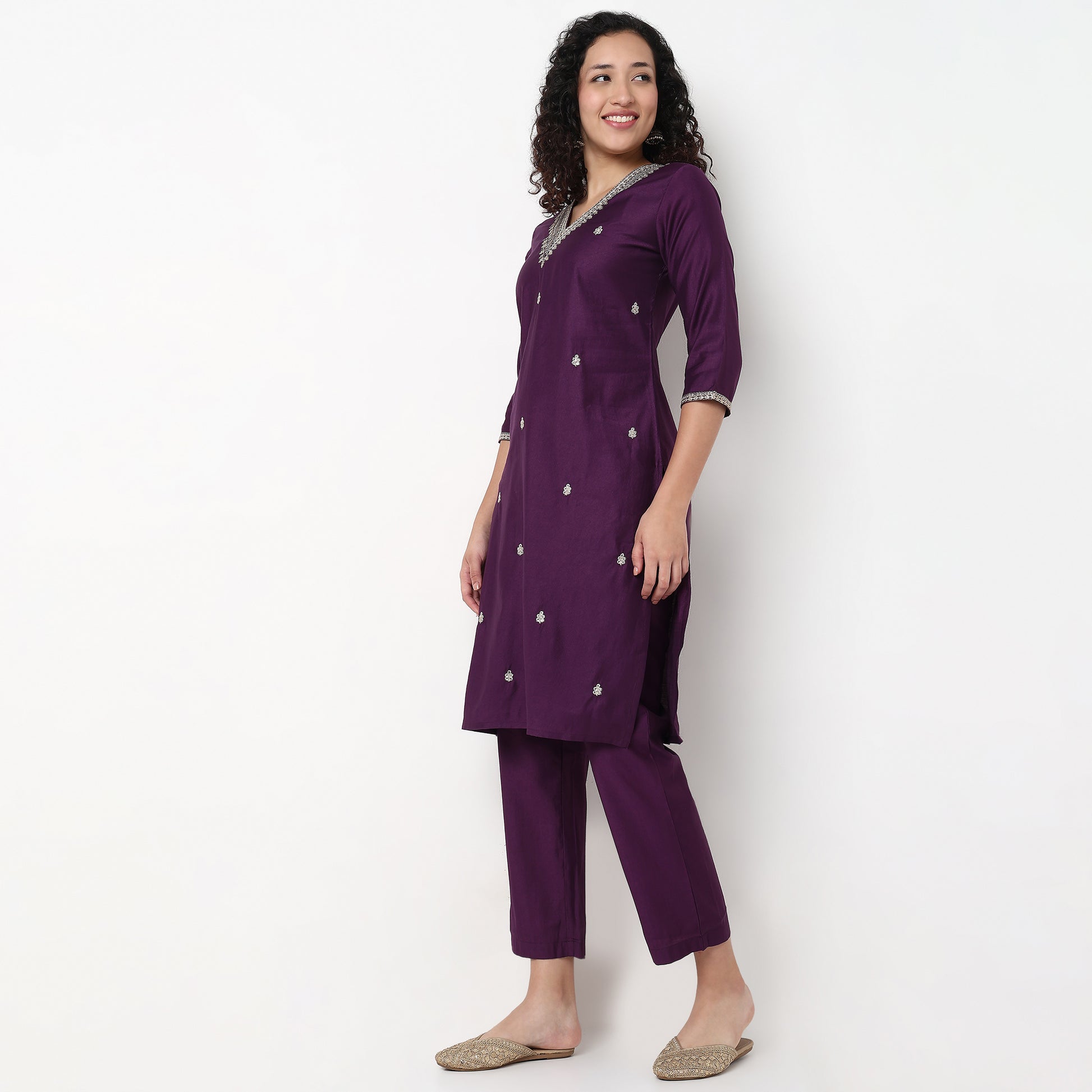 V-Neck Embellished Kurta and Pant with Dupatta Set