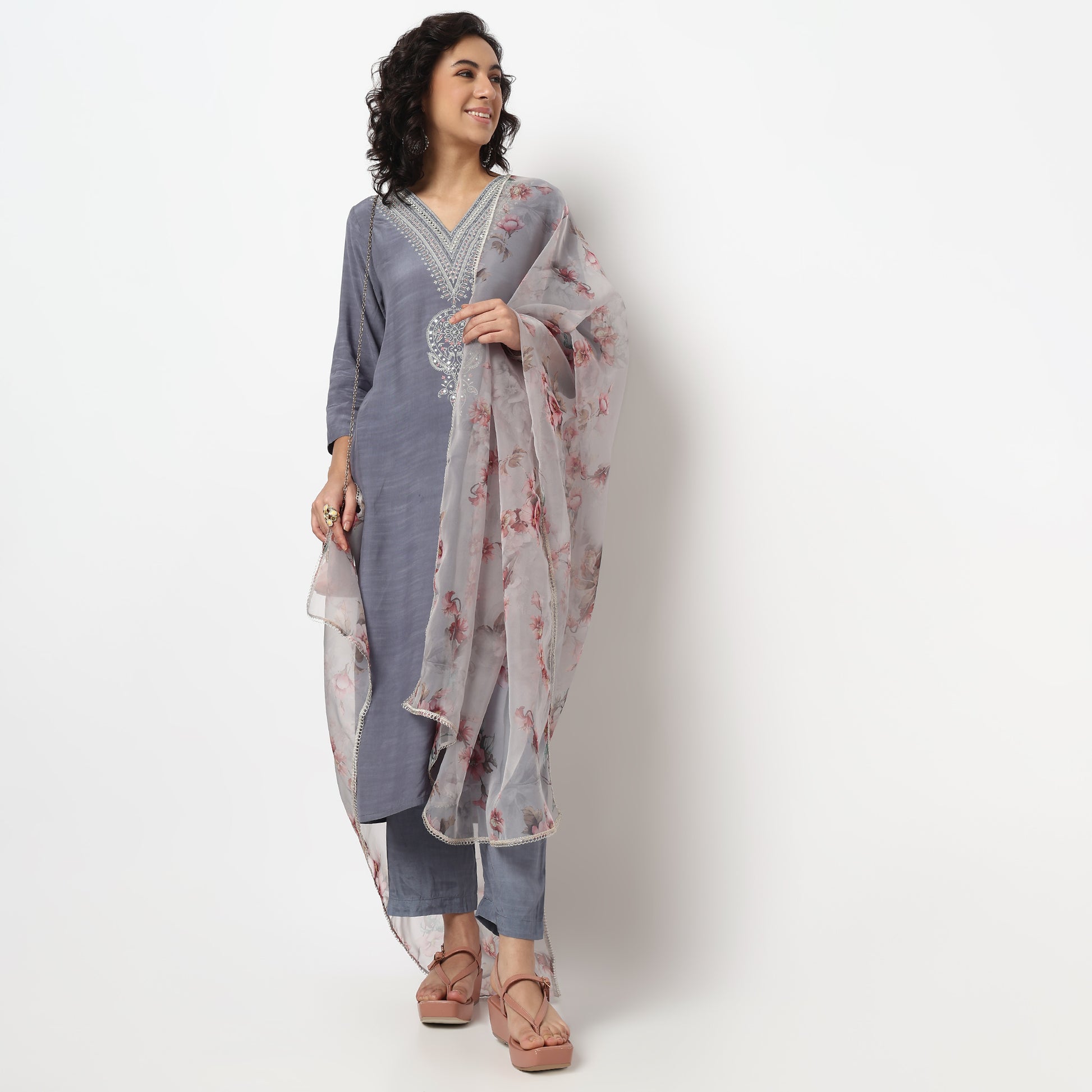 Buy Women Straight Fit Embroidered Three-Fourth Sleeve Kurta and Pant with Dupatta Set  - Style Union