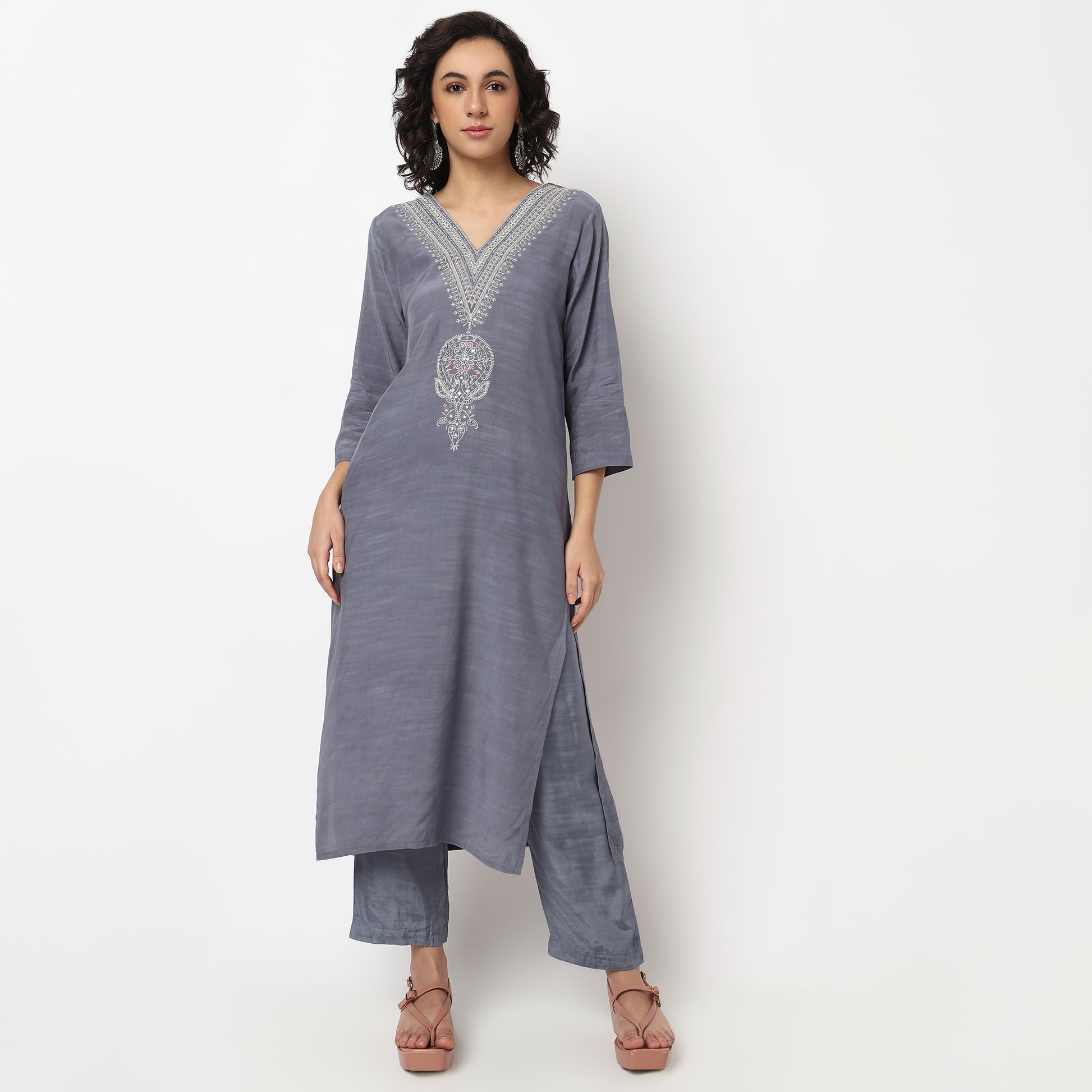 Buy Women Straight Fit Embroidered Three-Fourth Sleeve Kurta and Pant with Dupatta Set  - Style Union